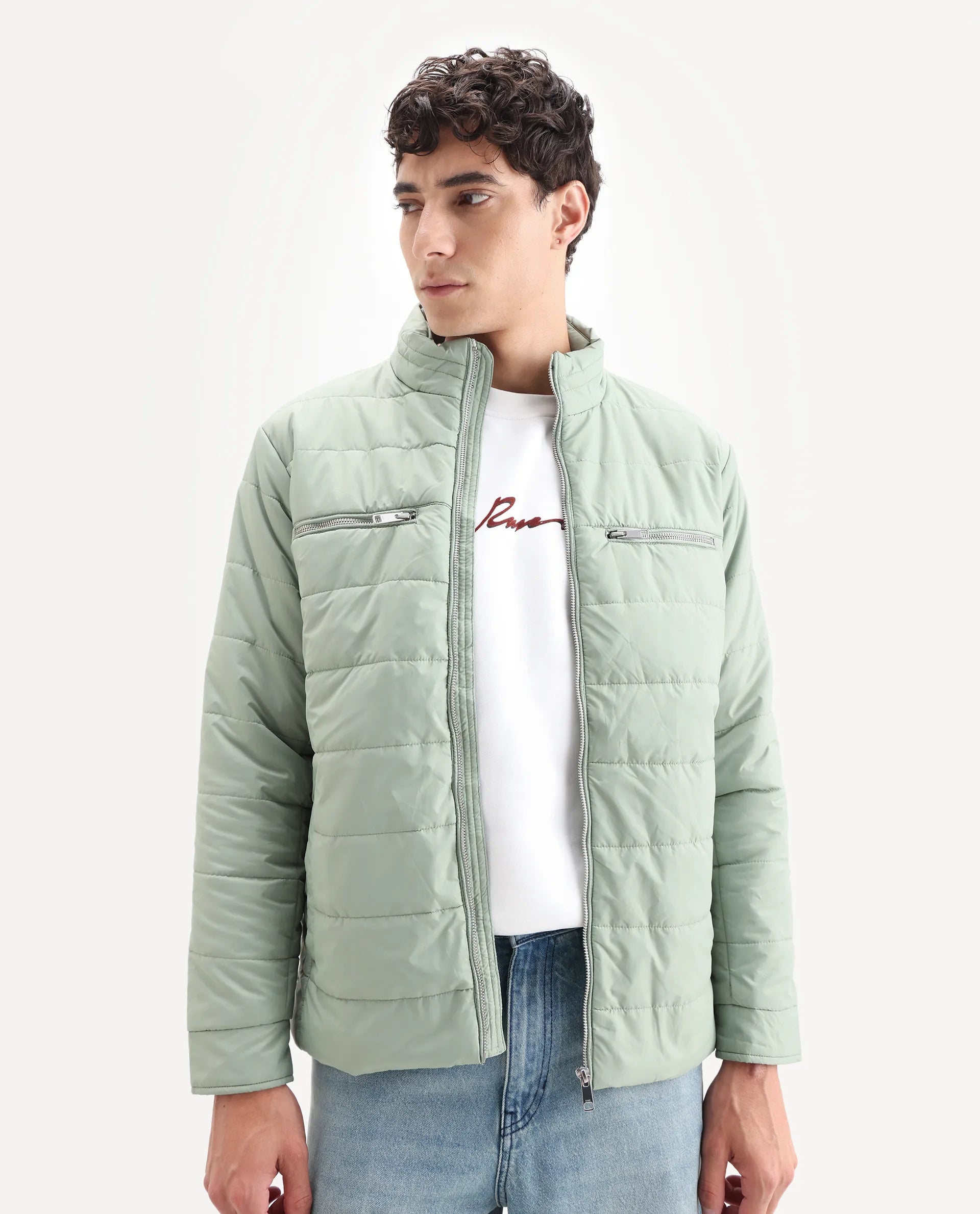 Rare Rabbit Men's Beylor Pastel Green Polyester Plain Regular Fit Full Sleeve High Neck Jacket