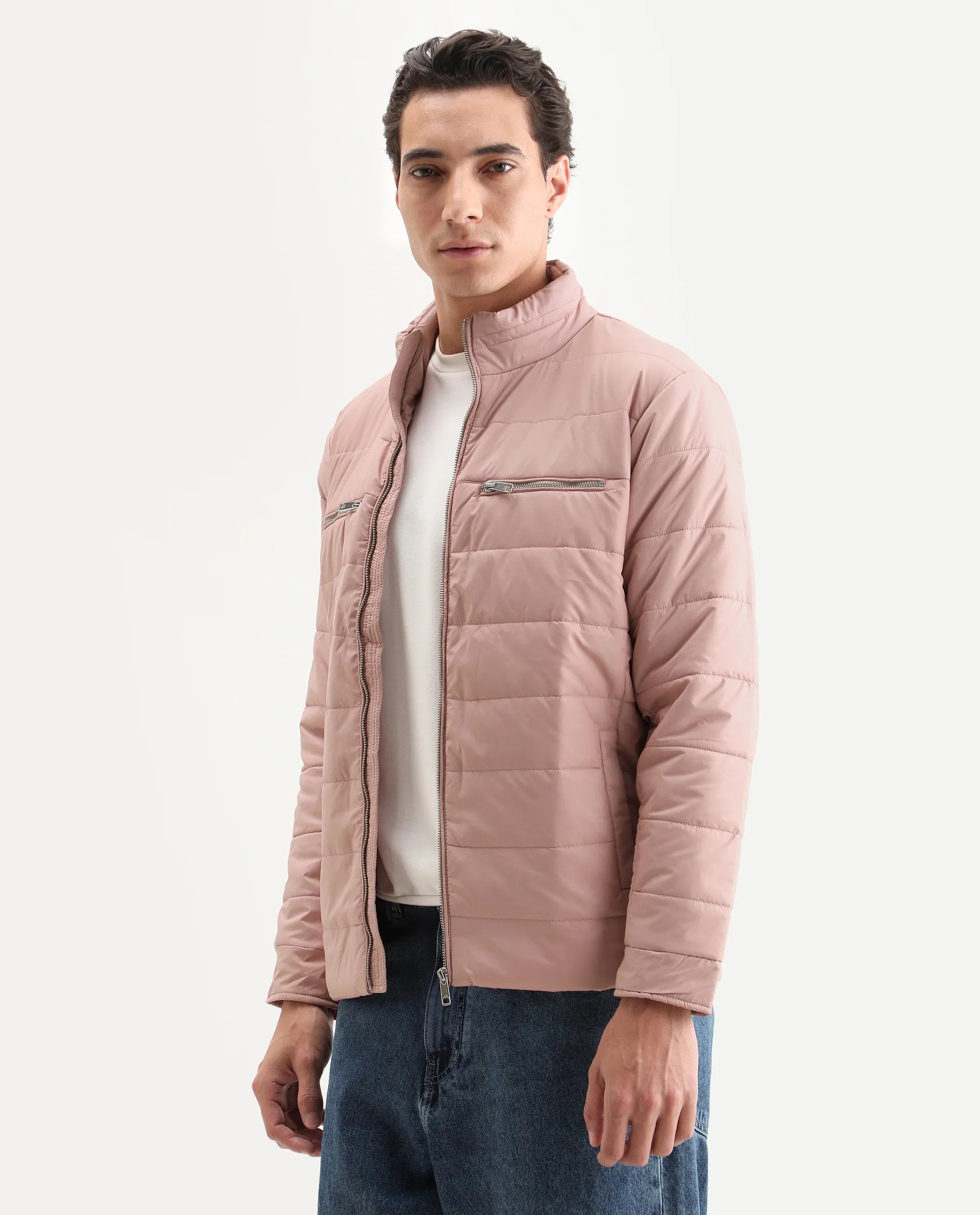Rare Rabbit Men's Beylor Light Peach Polyester Plain Regular Fit Full Sleeve High Neck Jacket