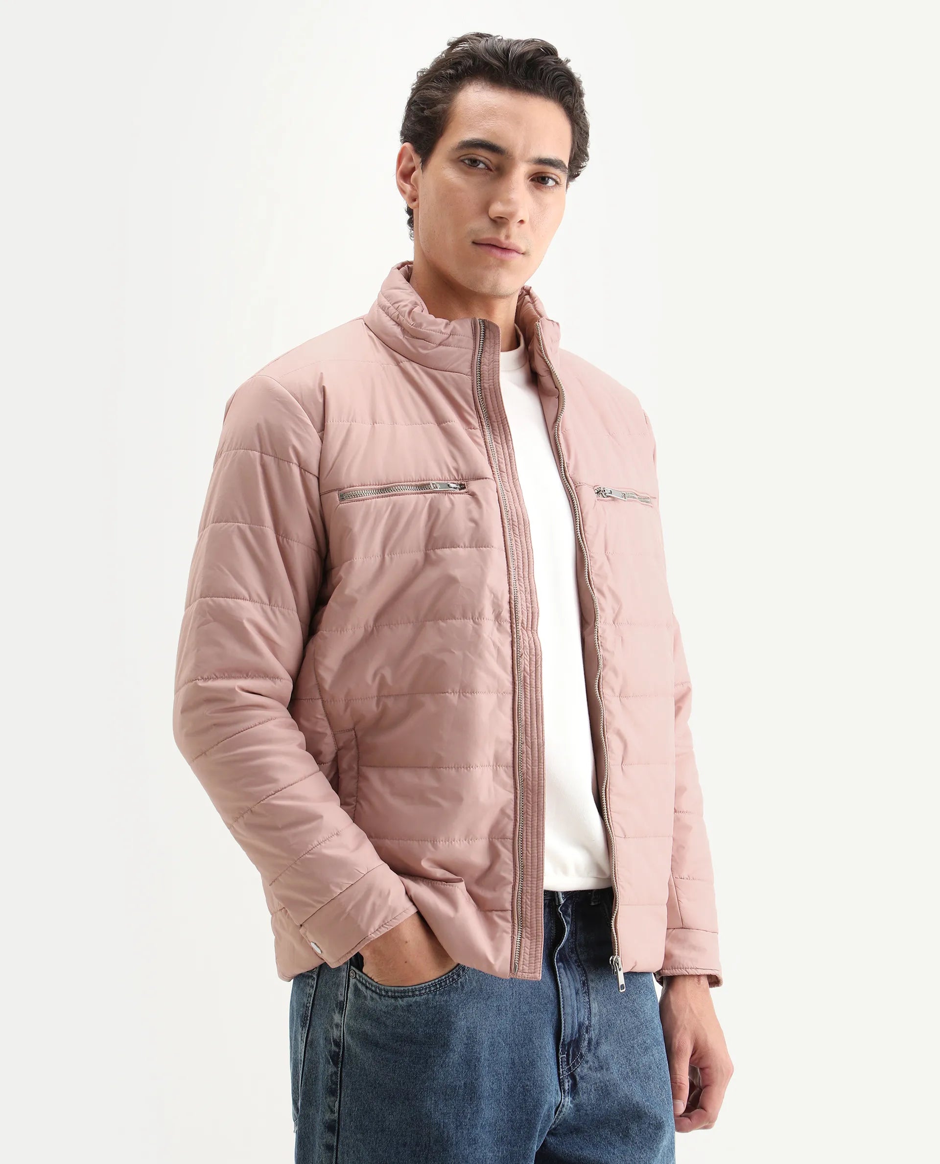 Rare Rabbit Men's Beylor Light Peach Polyester Plain Regular Fit Full Sleeve High Neck Jacket