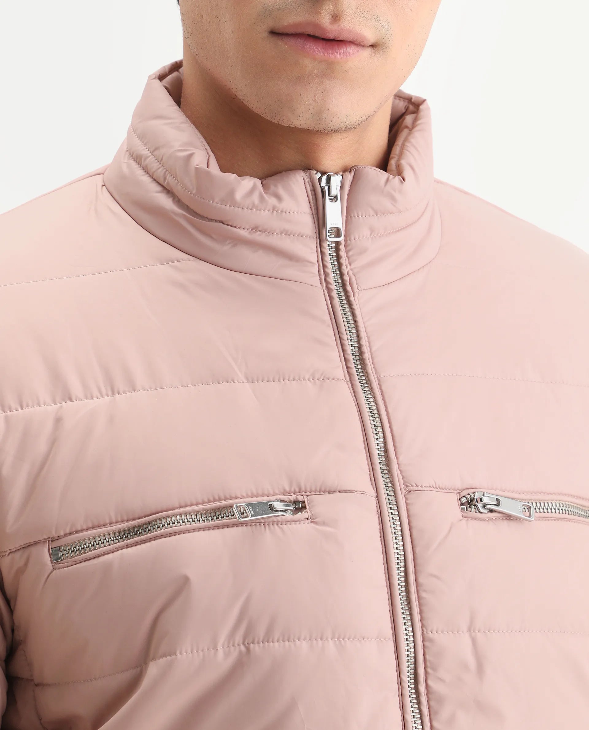 Rare Rabbit Men's Beylor Light Peach Polyester Plain Regular Fit Full Sleeve High Neck Jacket
