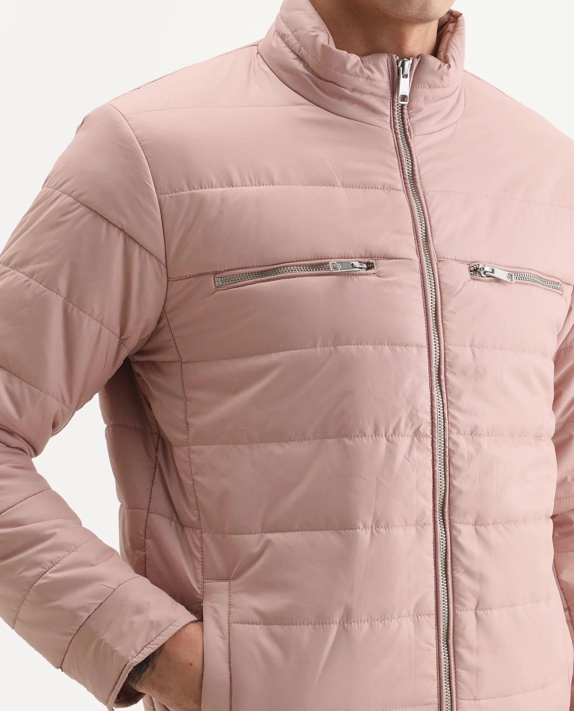 Rare Rabbit Men's Beylor Light Peach Polyester Plain Regular Fit Full Sleeve High Neck Jacket
