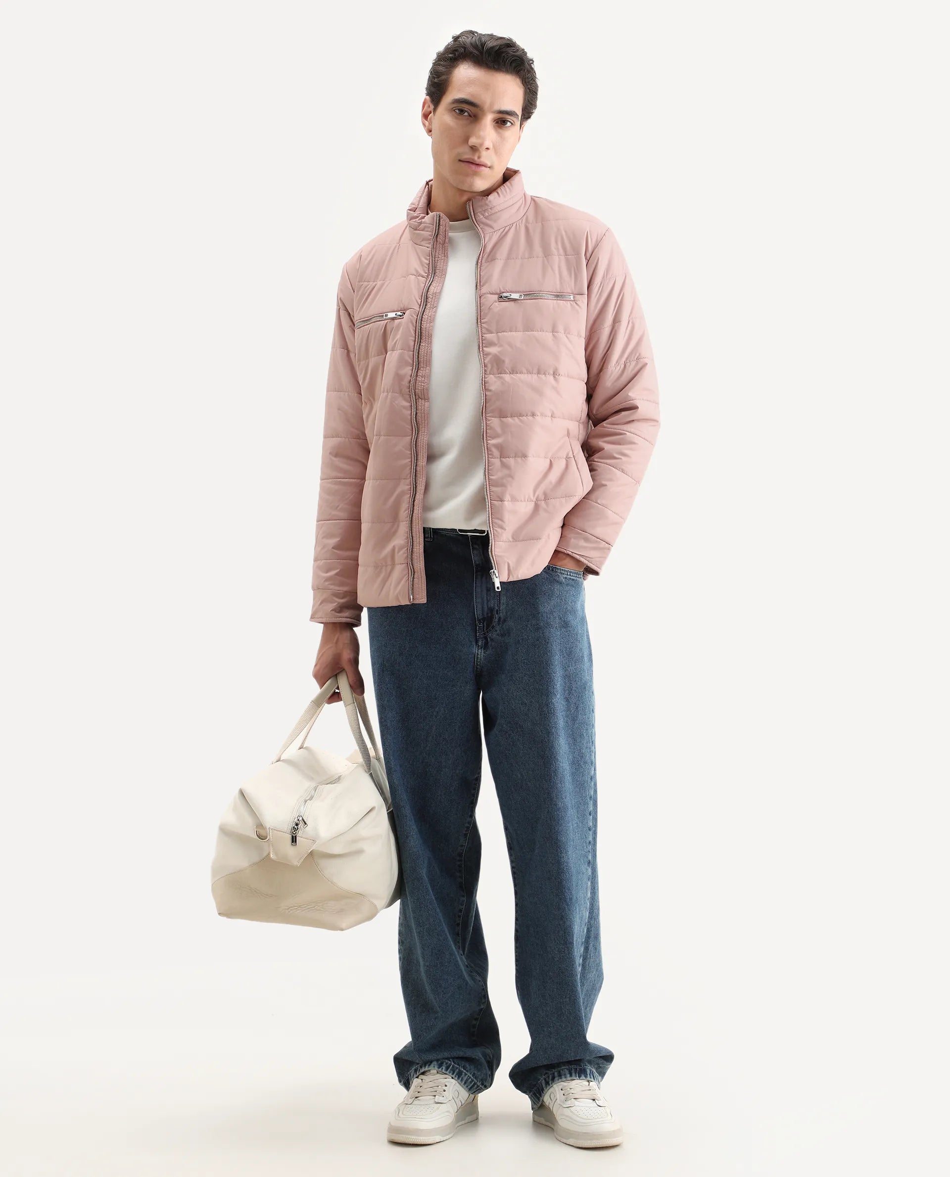 Rare Rabbit Men's Beylor Light Peach Polyester Plain Regular Fit Full Sleeve High Neck Jacket