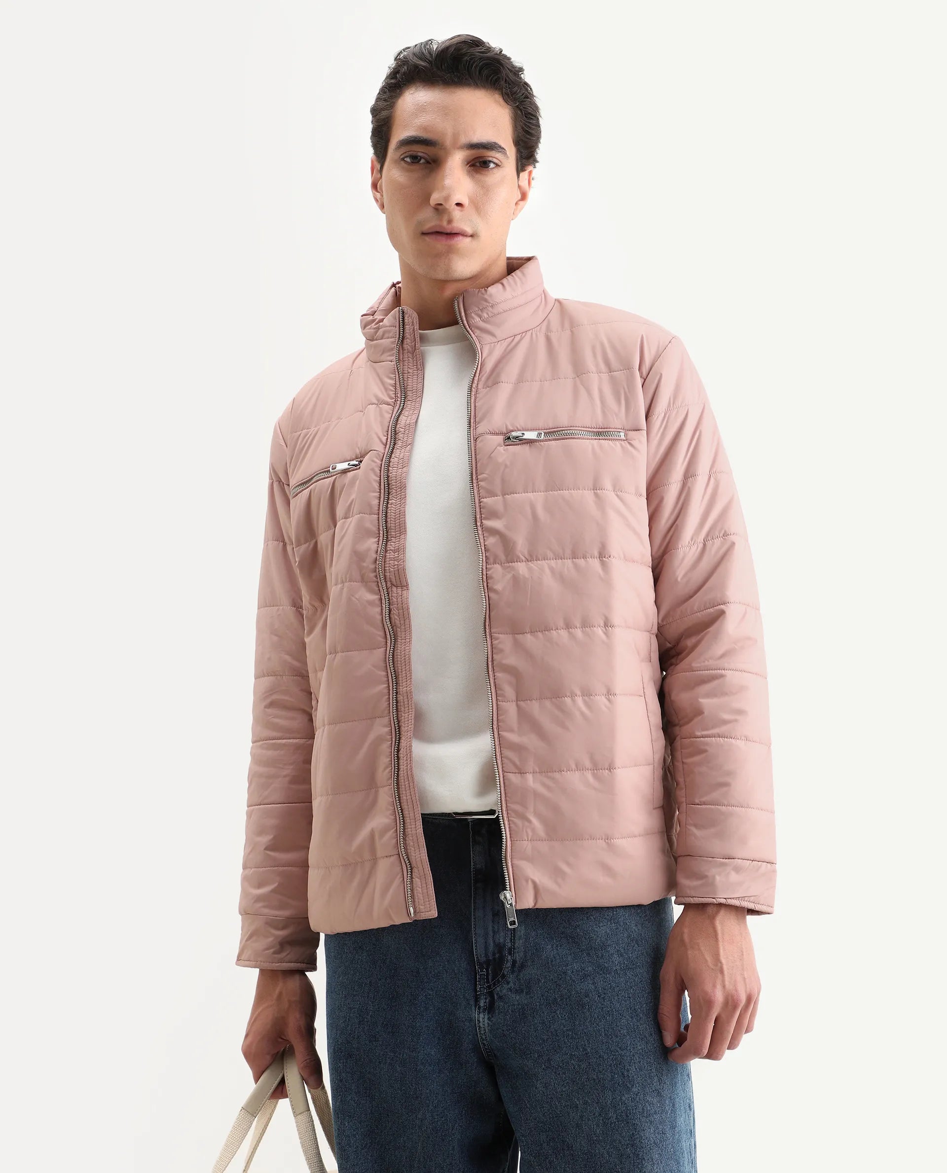 Rare Rabbit Men's Beylor Light Peach Polyester Plain Regular Fit Full Sleeve High Neck Jacket