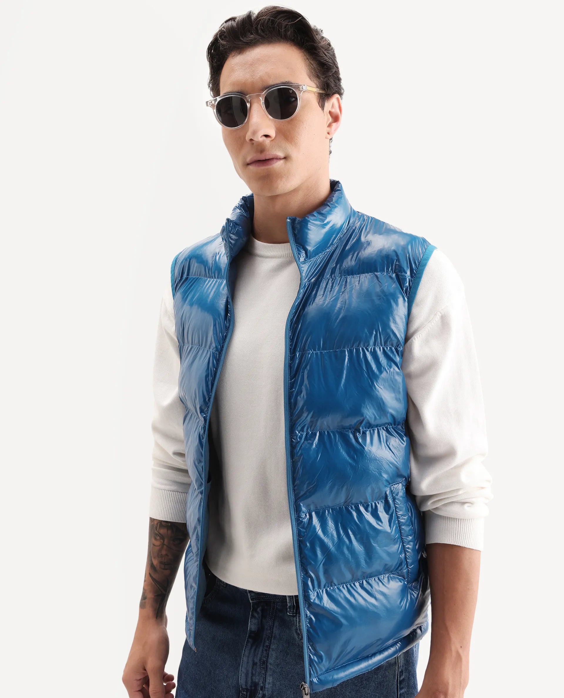 Rare Rabbit Men's Cover Dark Blue Polyester Plain Relaxed Fit Sleeveless High Neck Jacket