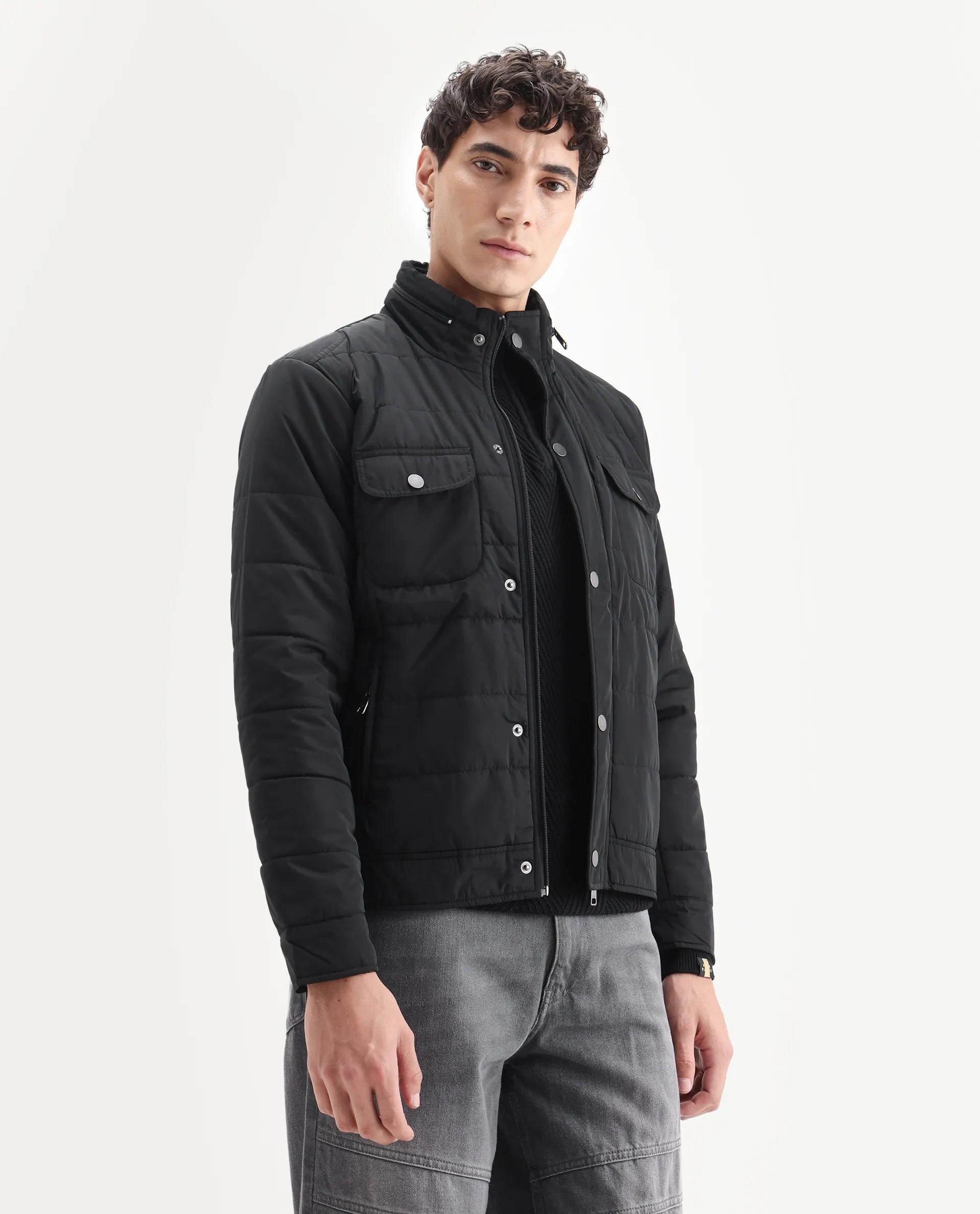 Rare Rabbit Men's Anbr Black Polyester Plain Relaxed Fit Full Sleeve Spread Collar Jacket