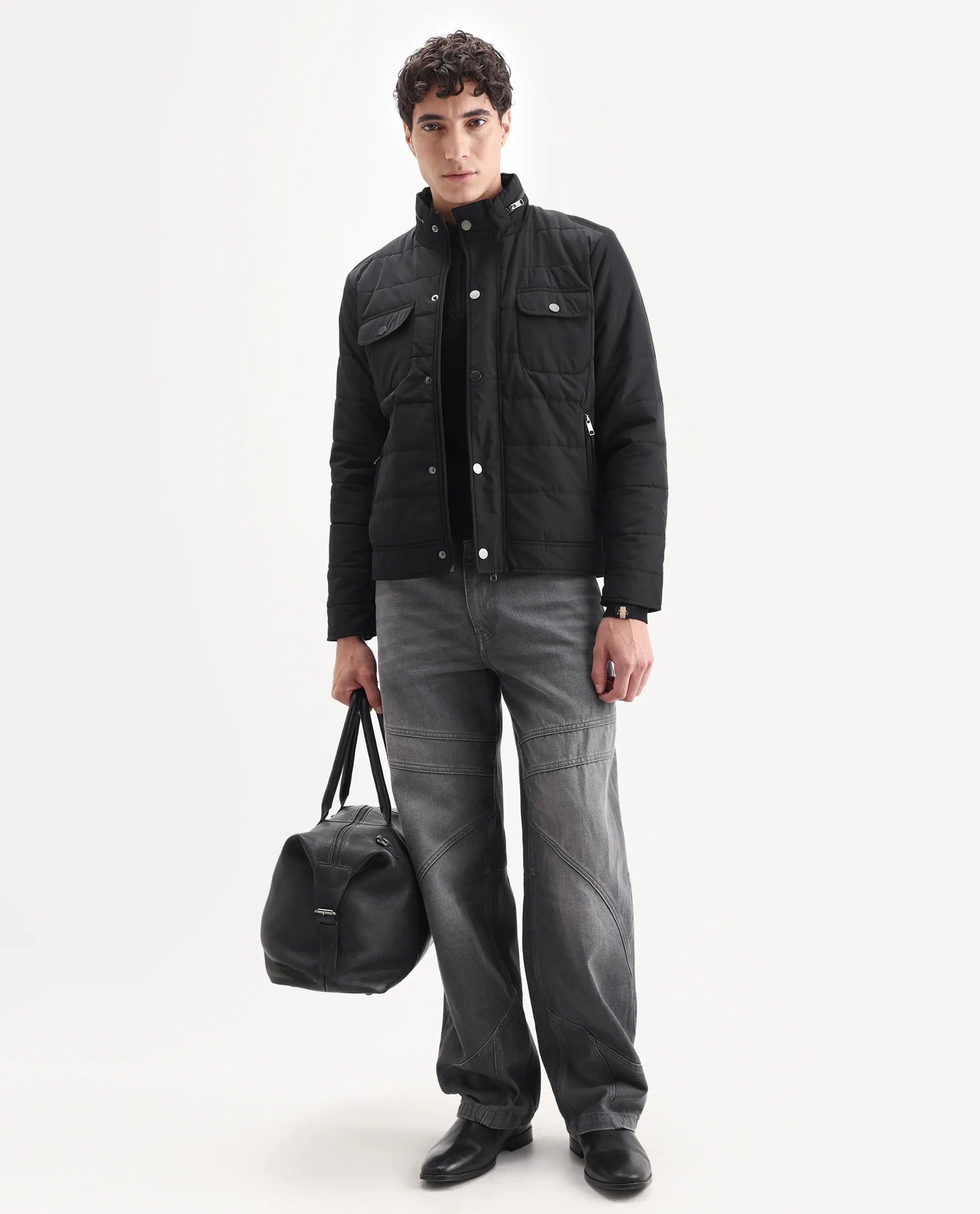 Rare Rabbit Men's Anbr Black Polyester Plain Relaxed Fit Full Sleeve Spread Collar Jacket