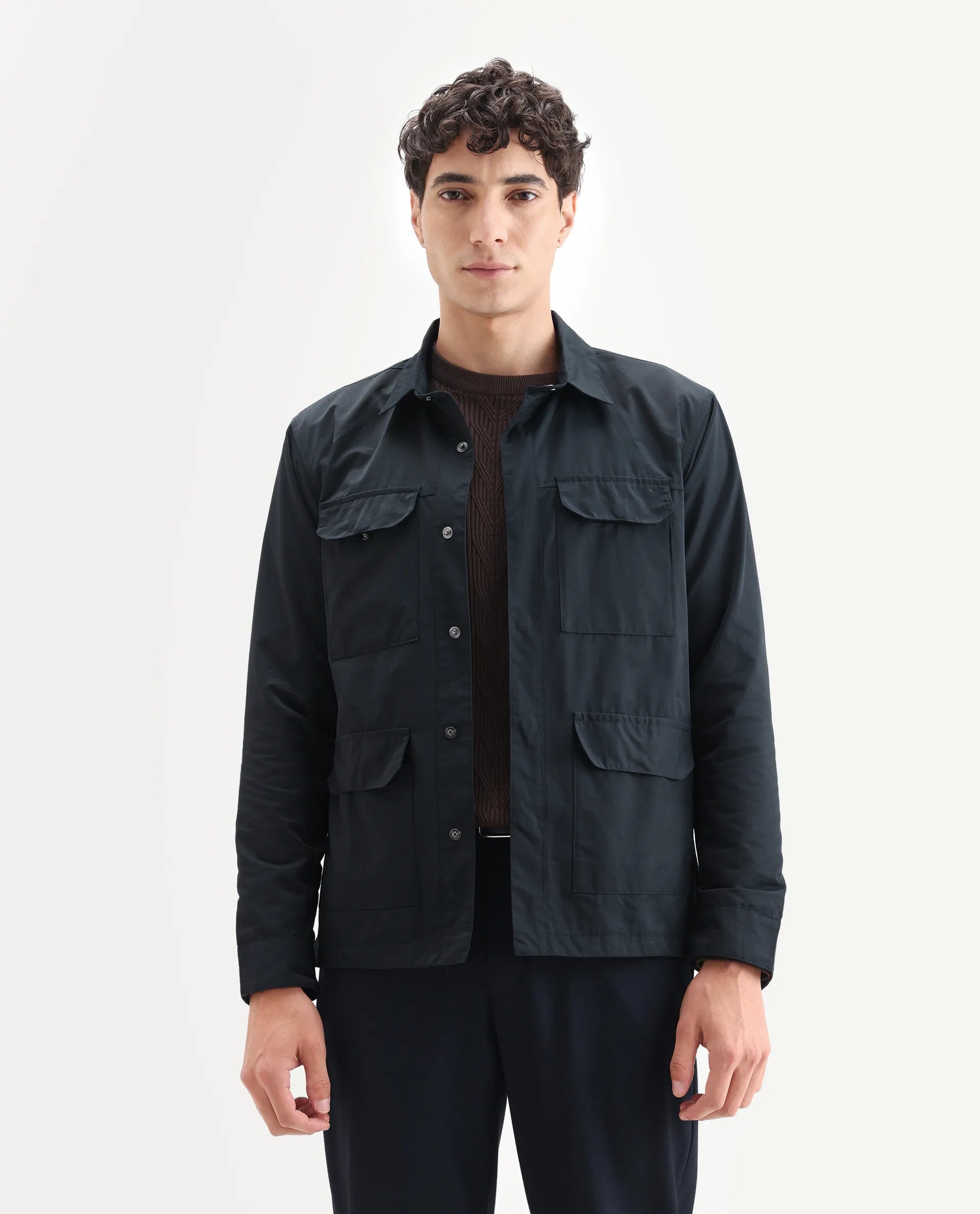 Rare Rabbit Men's Feliu Navy Cotton Plain Regular Fit Full Sleeve Spread Collar Jacket