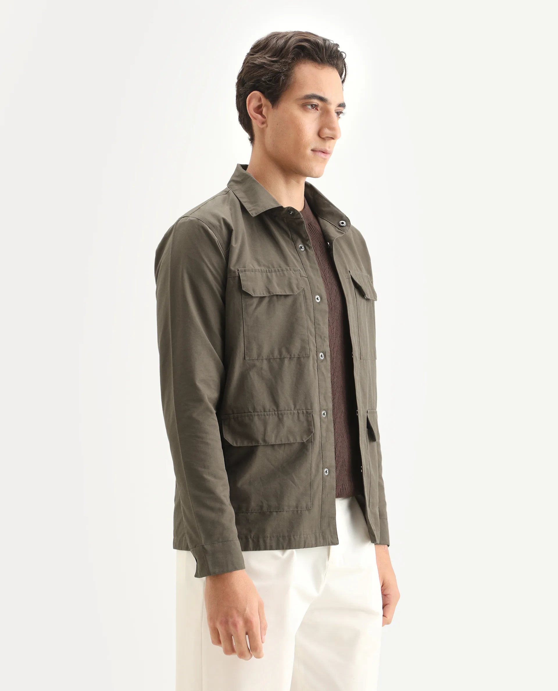 Rare Rabbit Men's Feliu Dark Olive Cotton Plain Regular Fit Full Sleeve Spread Collar Jacket