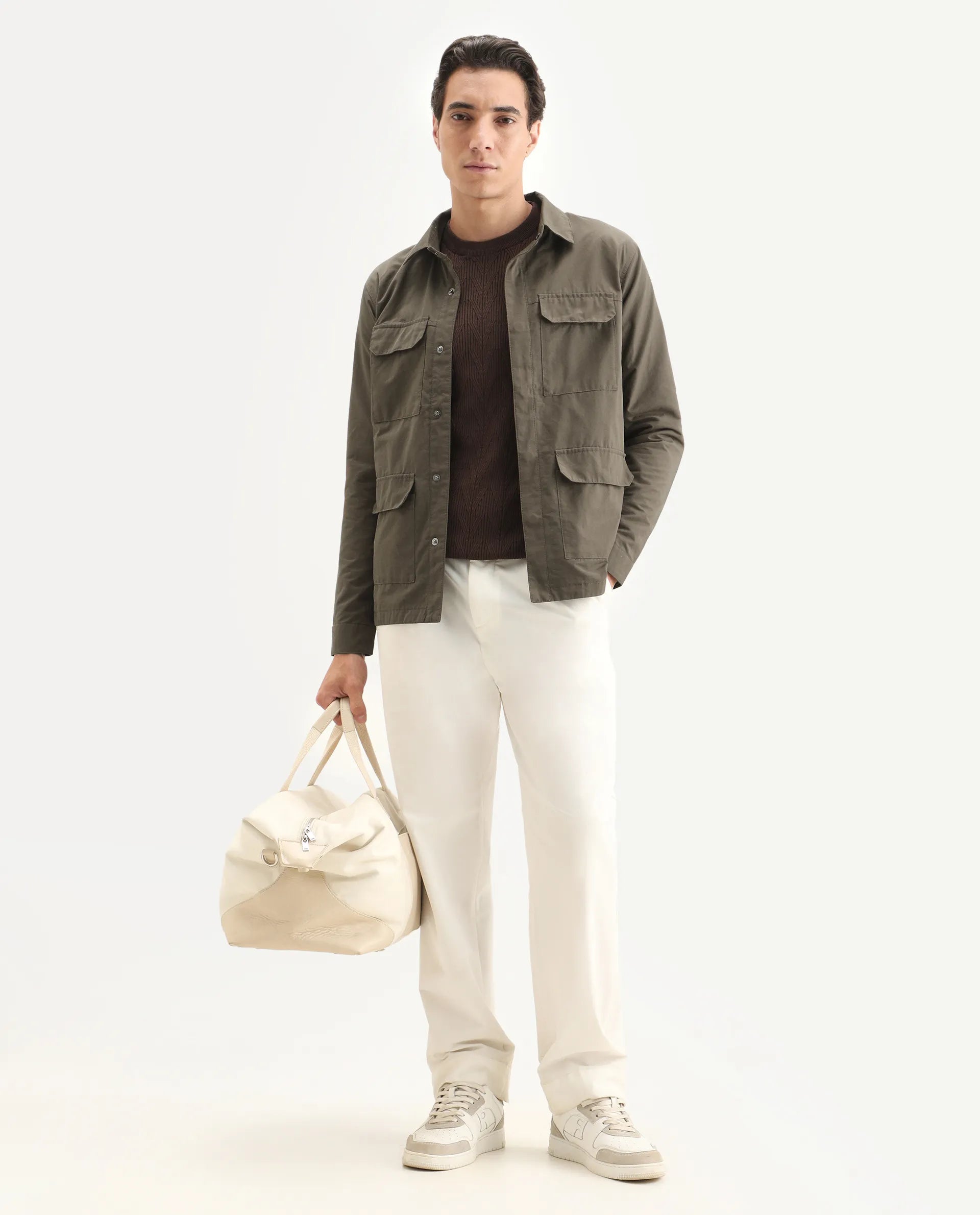 Rare Rabbit Men's Feliu Dark Olive Cotton Plain Regular Fit Full Sleeve Spread Collar Jacket