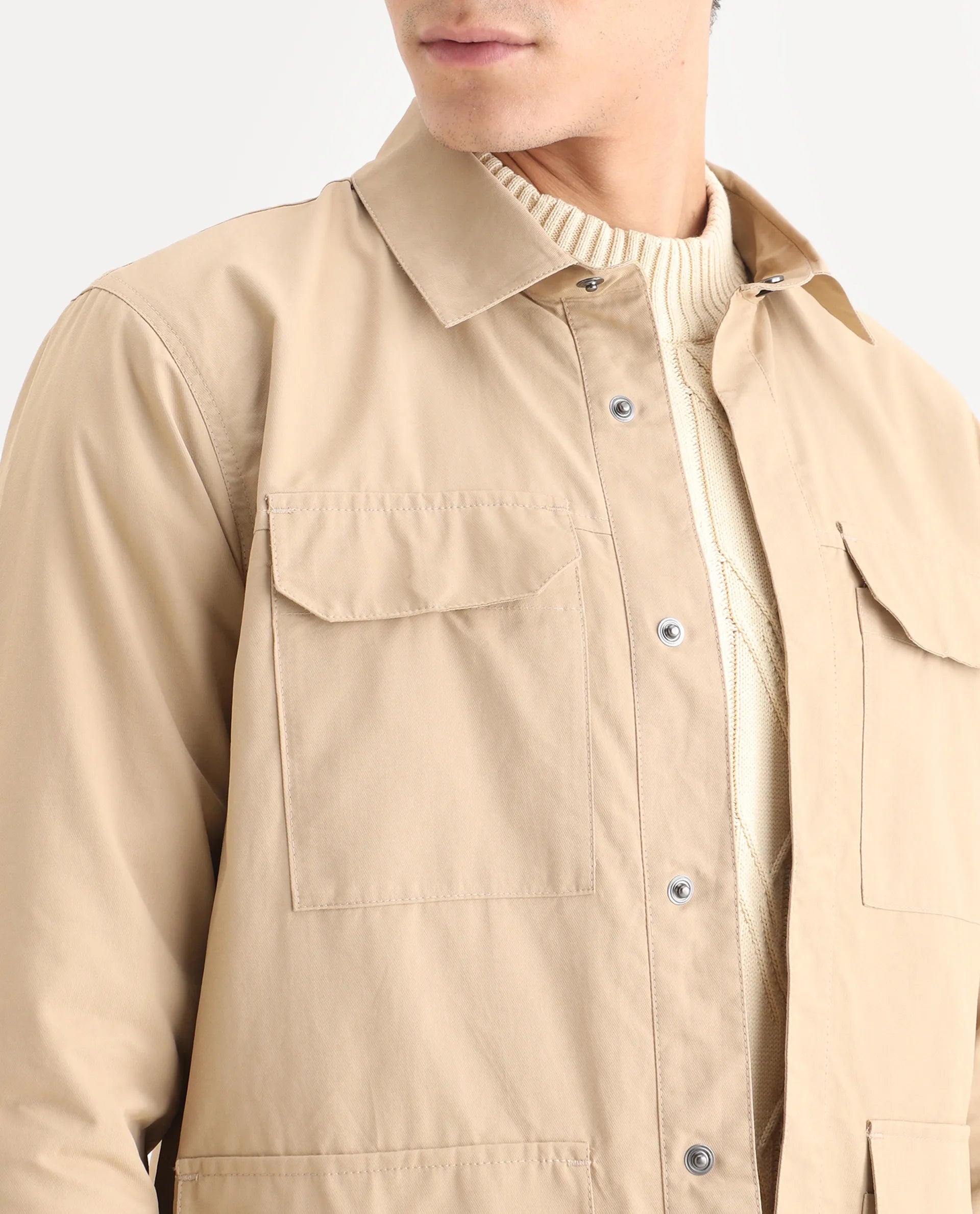 Rare Rabbit Men's Feliu Light Beige Cotton Plain Regular Fit Full Sleeve Spread Collar Jacket
