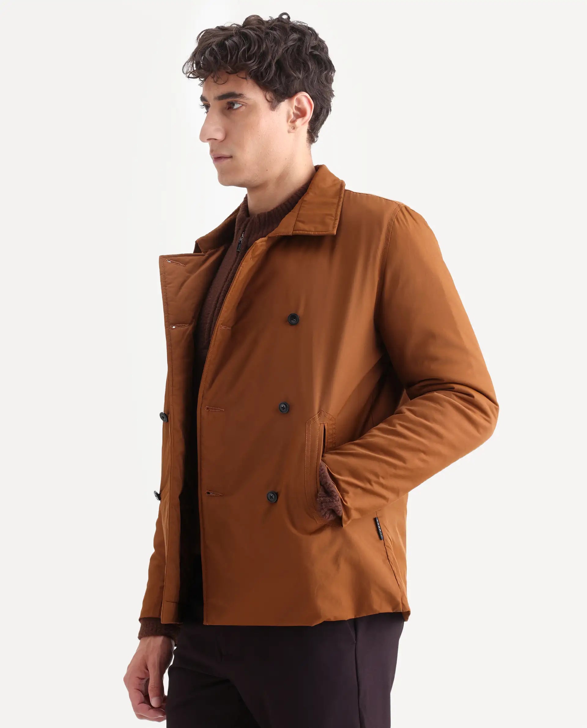 Rare Rabbit Men's Merjon Tan Nylon Plain Tailored Fit Full Sleeve Lapel Neck Jacket