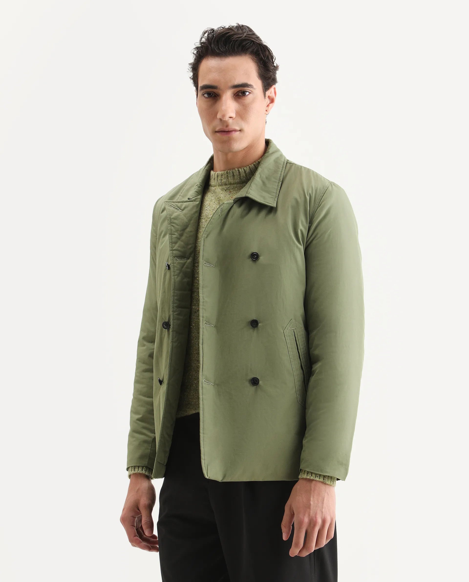 Rare Rabbit Men's Merjon Olive Nylon Plain Tailored Fit Full Sleeve Lapel Neck Jacket