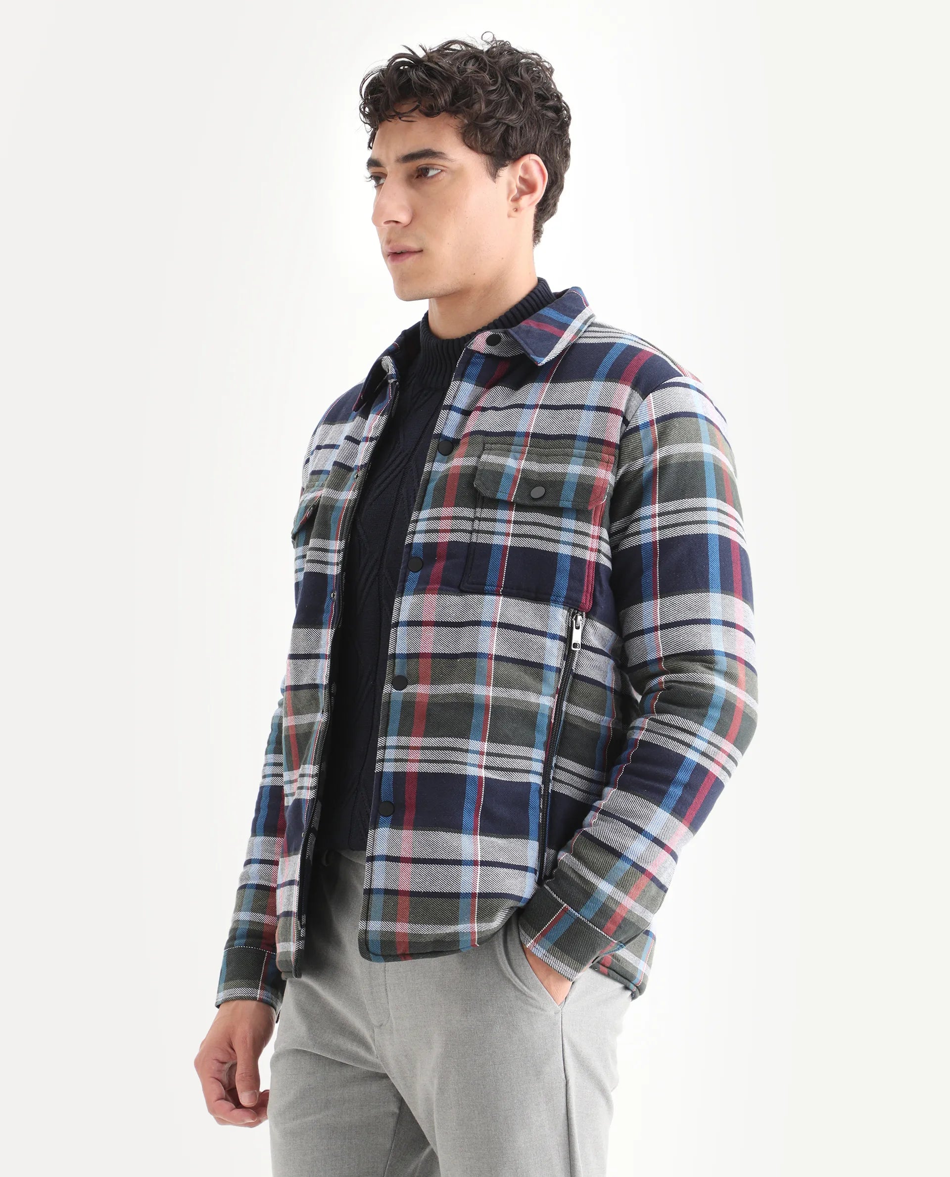 Rare Rabbit Men's Hollis Blue Cotton Checked Print Regular Fit Full Sleeve Spread Collar Jacket