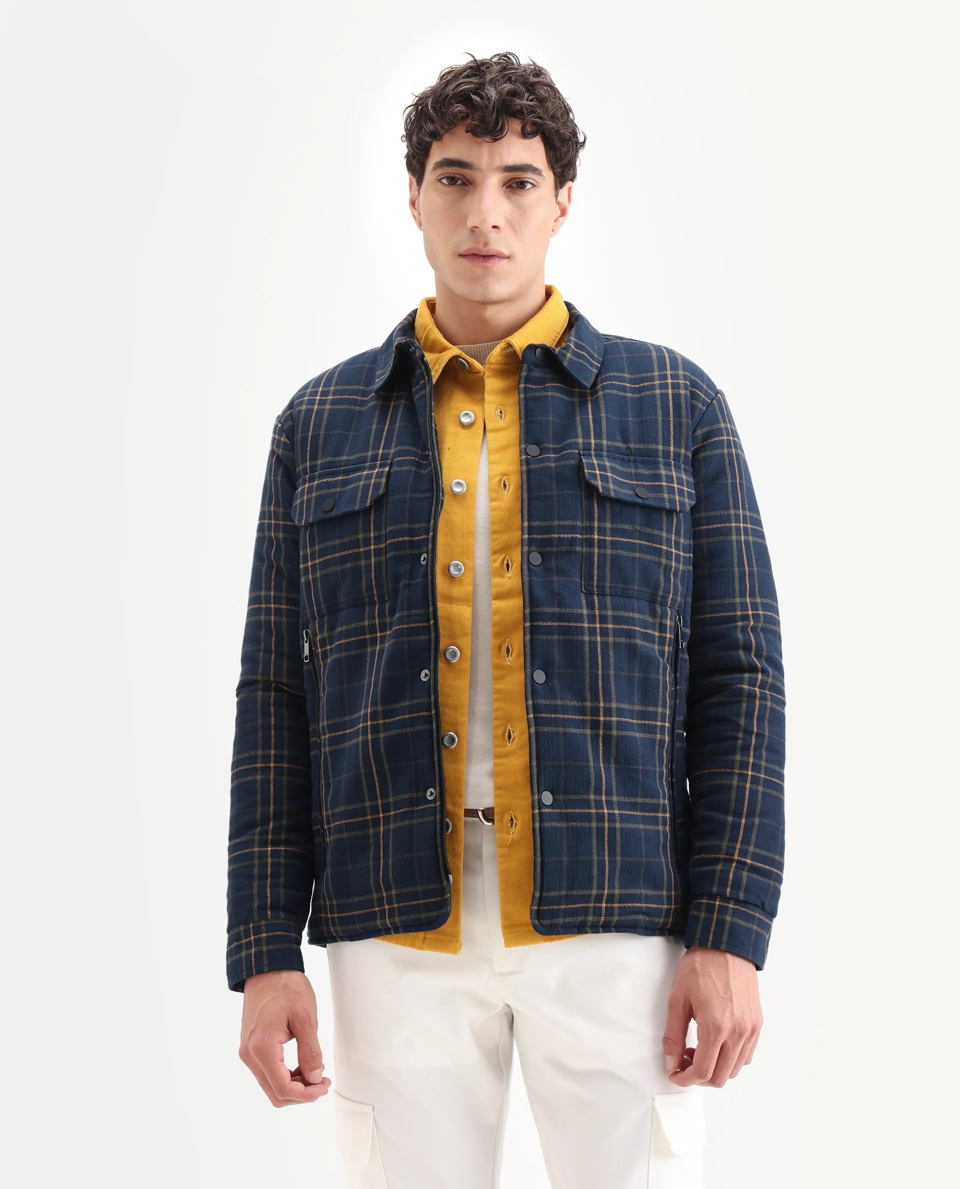 Rare Rabbit Men's Hollis Dark Navy Cotton Checked Print Regular Fit Full Sleeve Spread Collar Jacket