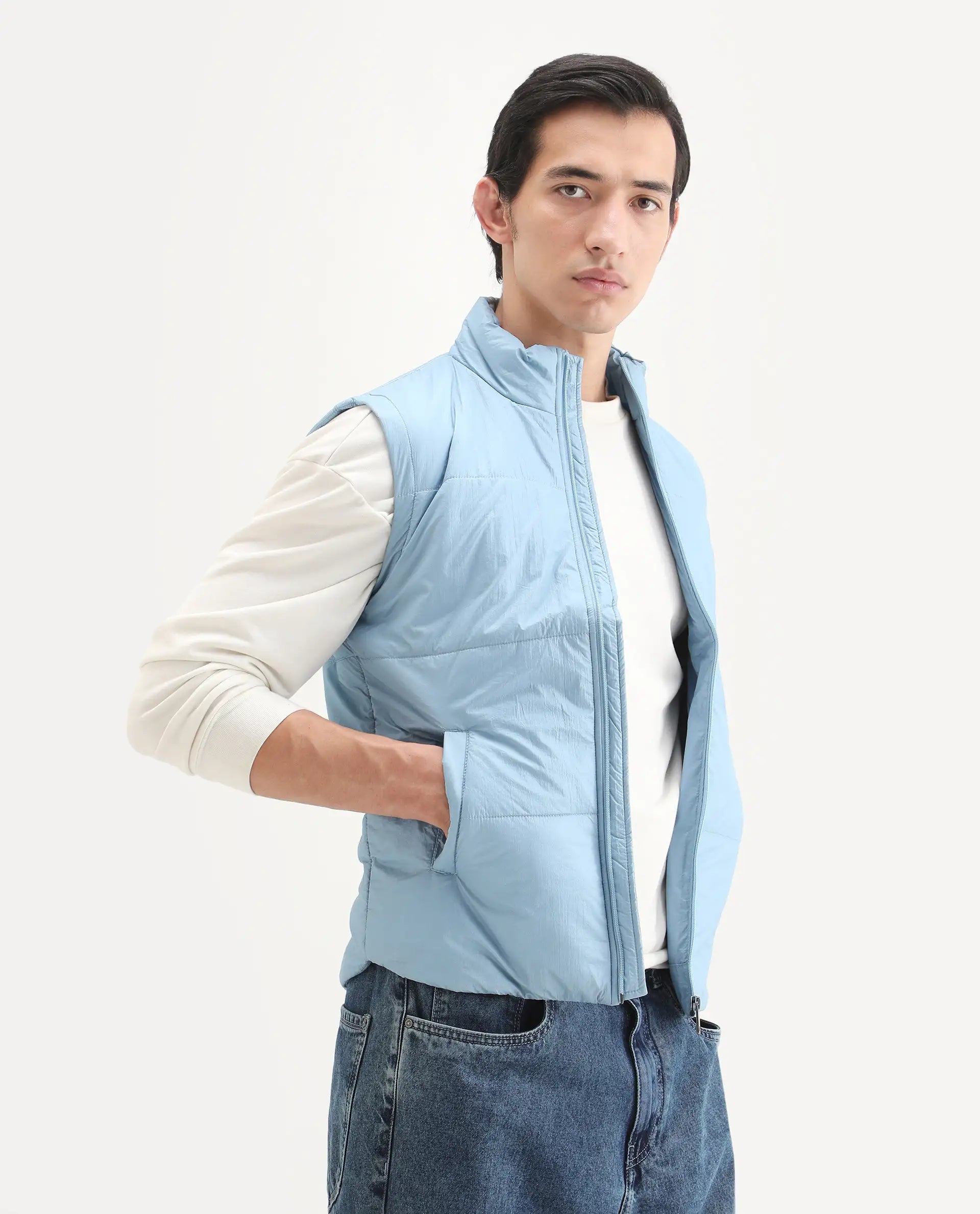 Rare Rabbit Men's Colson Light Blue Polyester Plain Regular Fit Sleeveless High Neck Jacket