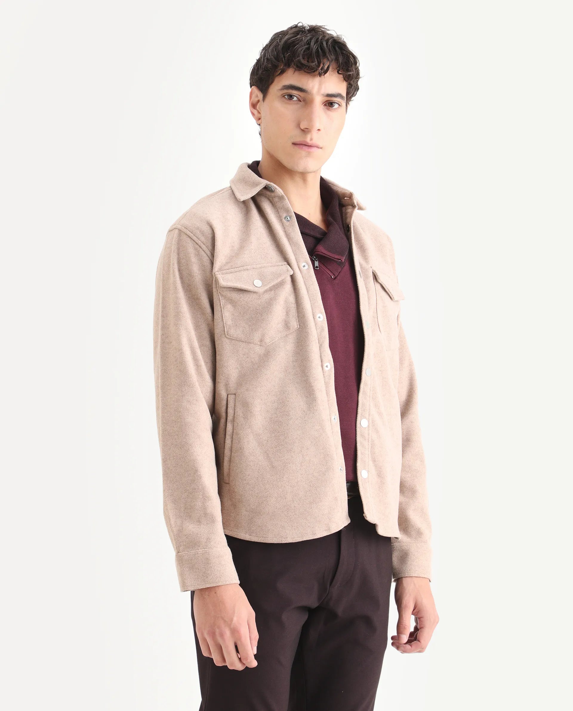 Rare Rabbit Men's Cason Light Beige Polyester Plain Regular Fit Full Sleeve Spread Collar Jacket