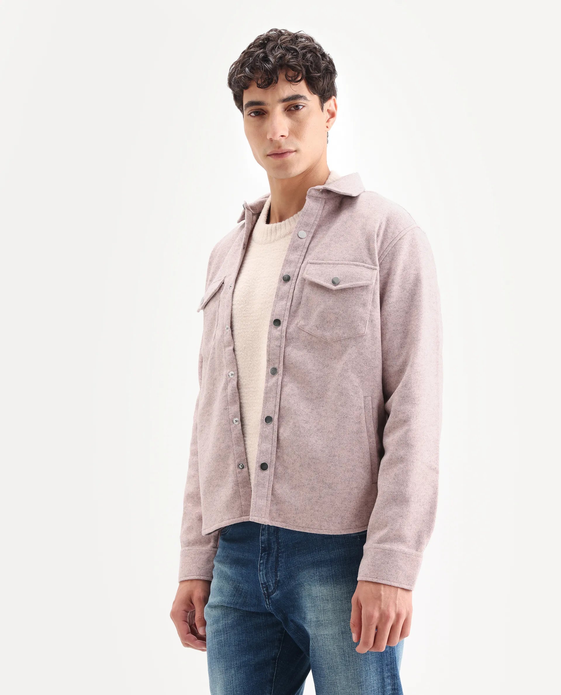 Rare Rabbit Men's Cason Light Pink Polyester Plain Regular Fit Full Sleeve Spread Collar Jacket