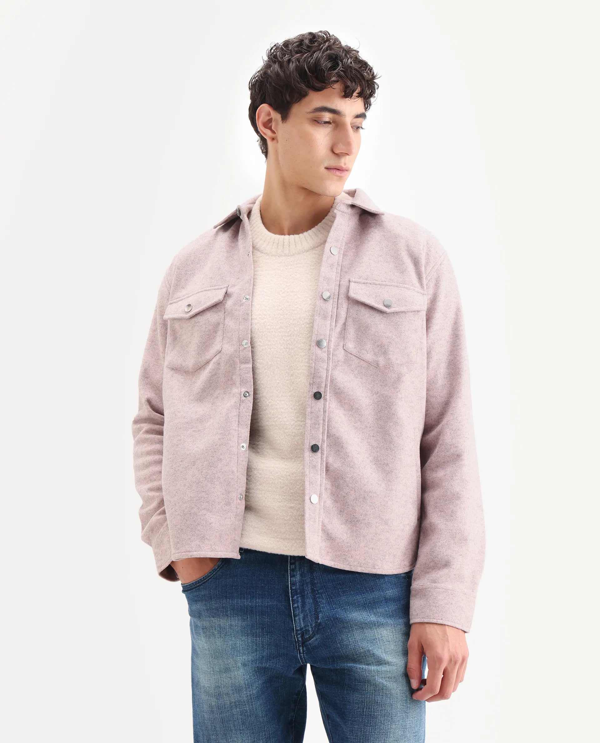 Rare Rabbit Men's Cason Light Pink Polyester Plain Regular Fit Full Sleeve Spread Collar Jacket