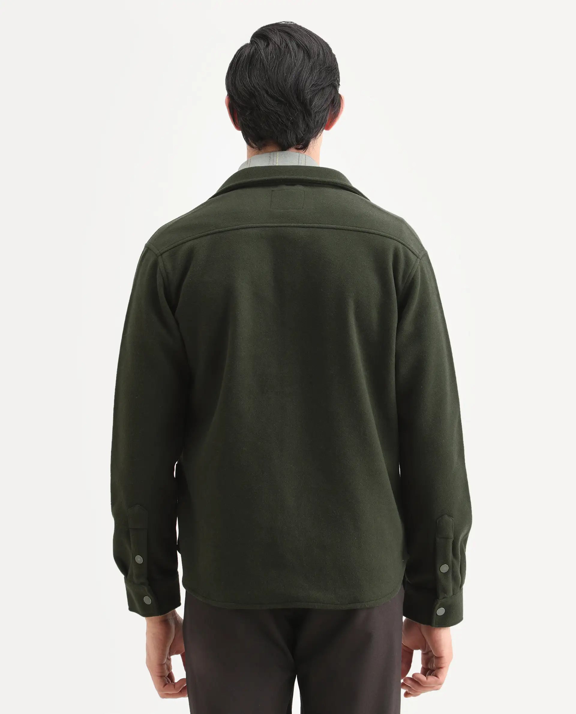 Rare Rabbit Men's Cason Dark Green Polyester Plain Regular Fit Full Sleeve Spread Collar Jacket