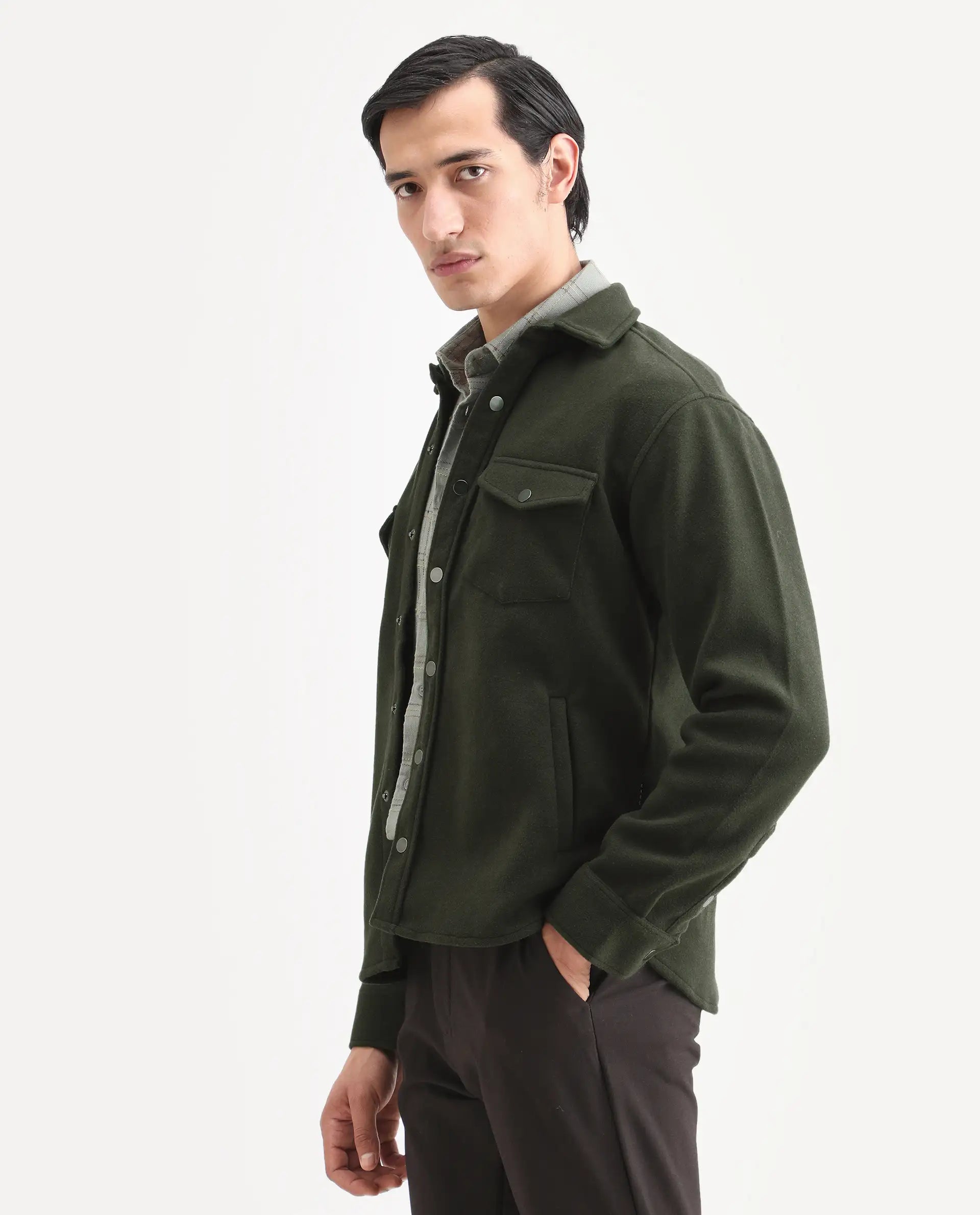 Rare Rabbit Men's Cason Dark Green Polyester Plain Regular Fit Full Sleeve Spread Collar Jacket