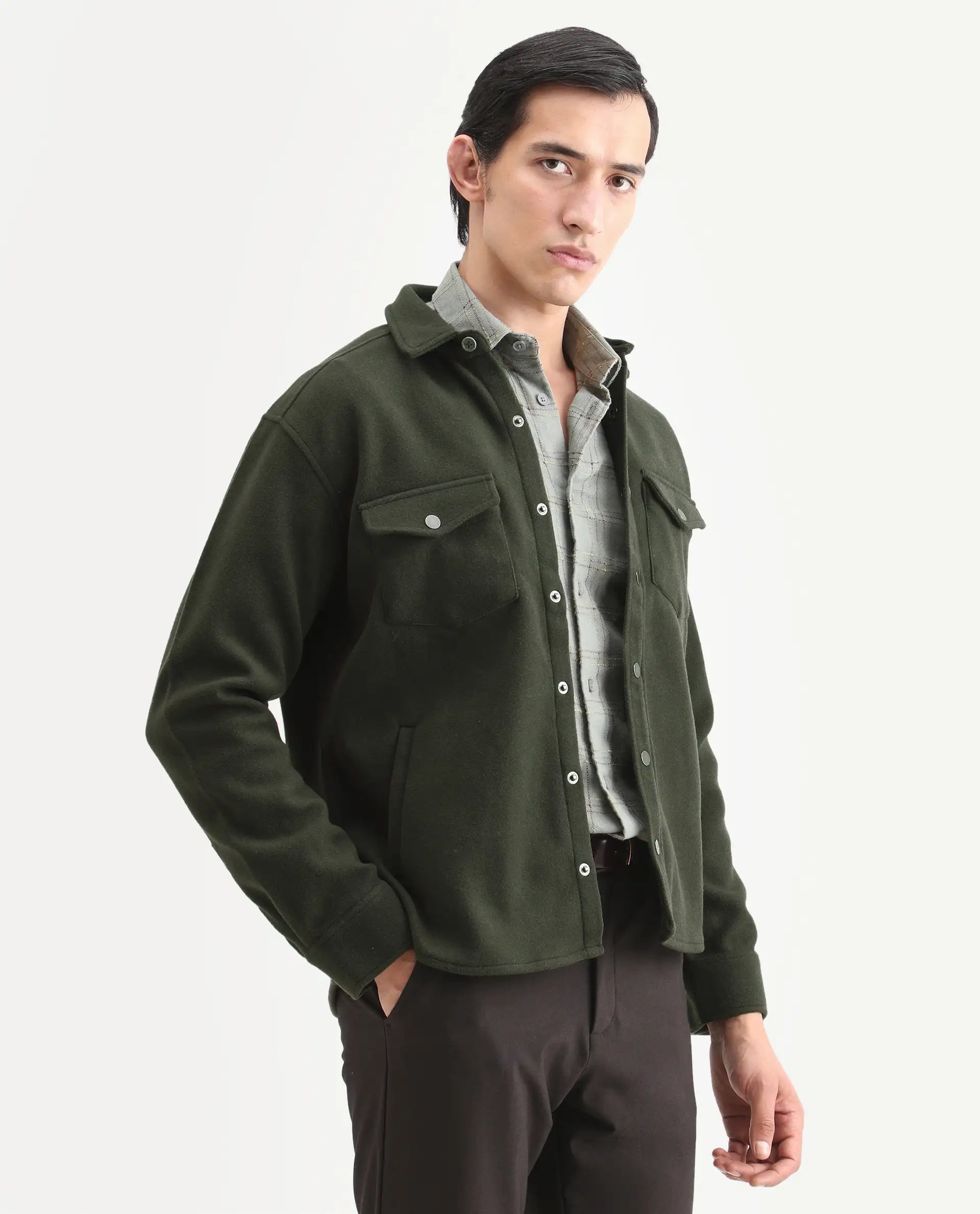Rare Rabbit Men's Cason Dark Green Polyester Plain Regular Fit Full Sleeve Spread Collar Jacket