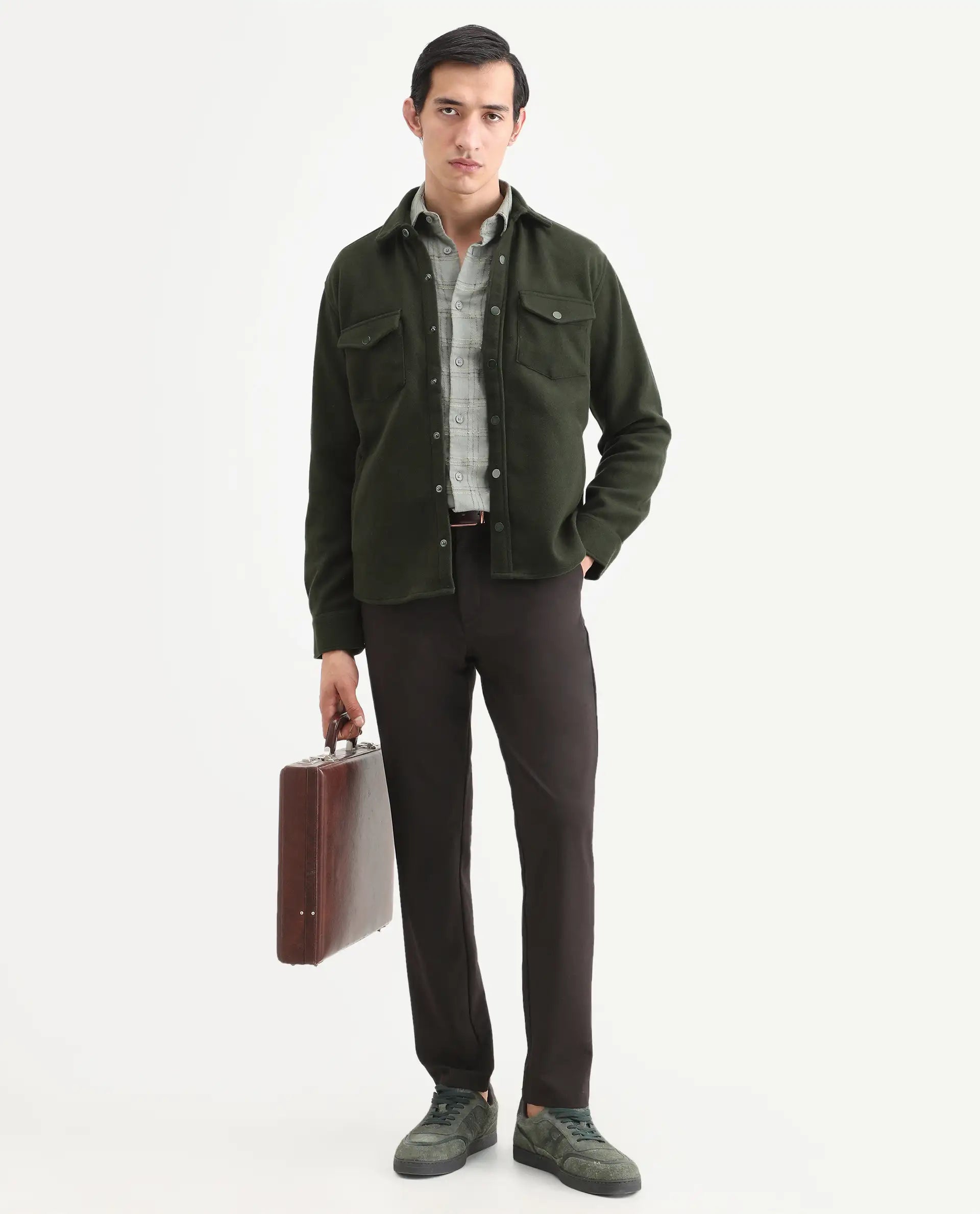 Rare Rabbit Men's Cason Dark Green Polyester Plain Regular Fit Full Sleeve Spread Collar Jacket
