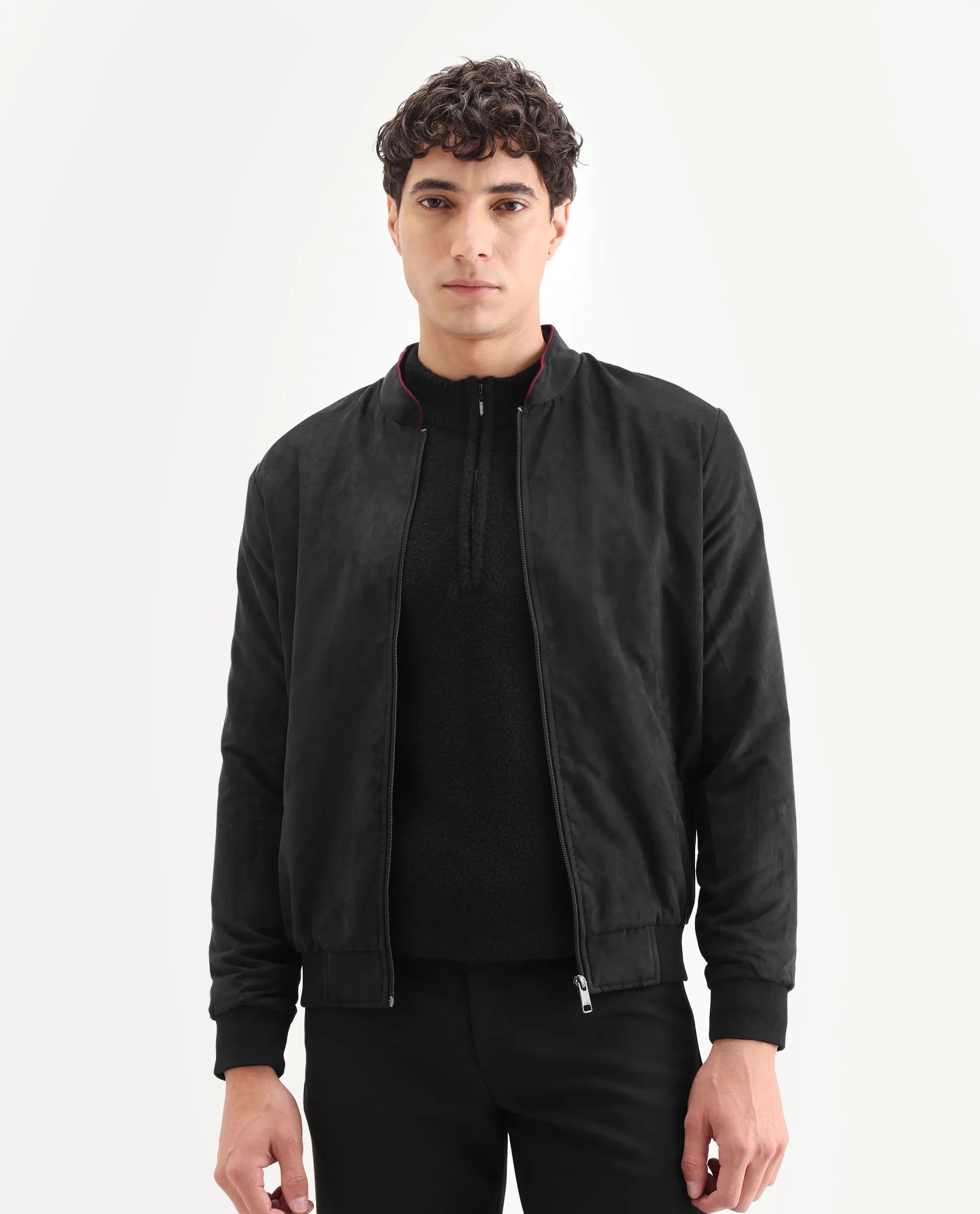 Rare Rabbit Men's Henron Black Suede Plain Regular Fit Full Sleeve Mandarin Collar Jacket