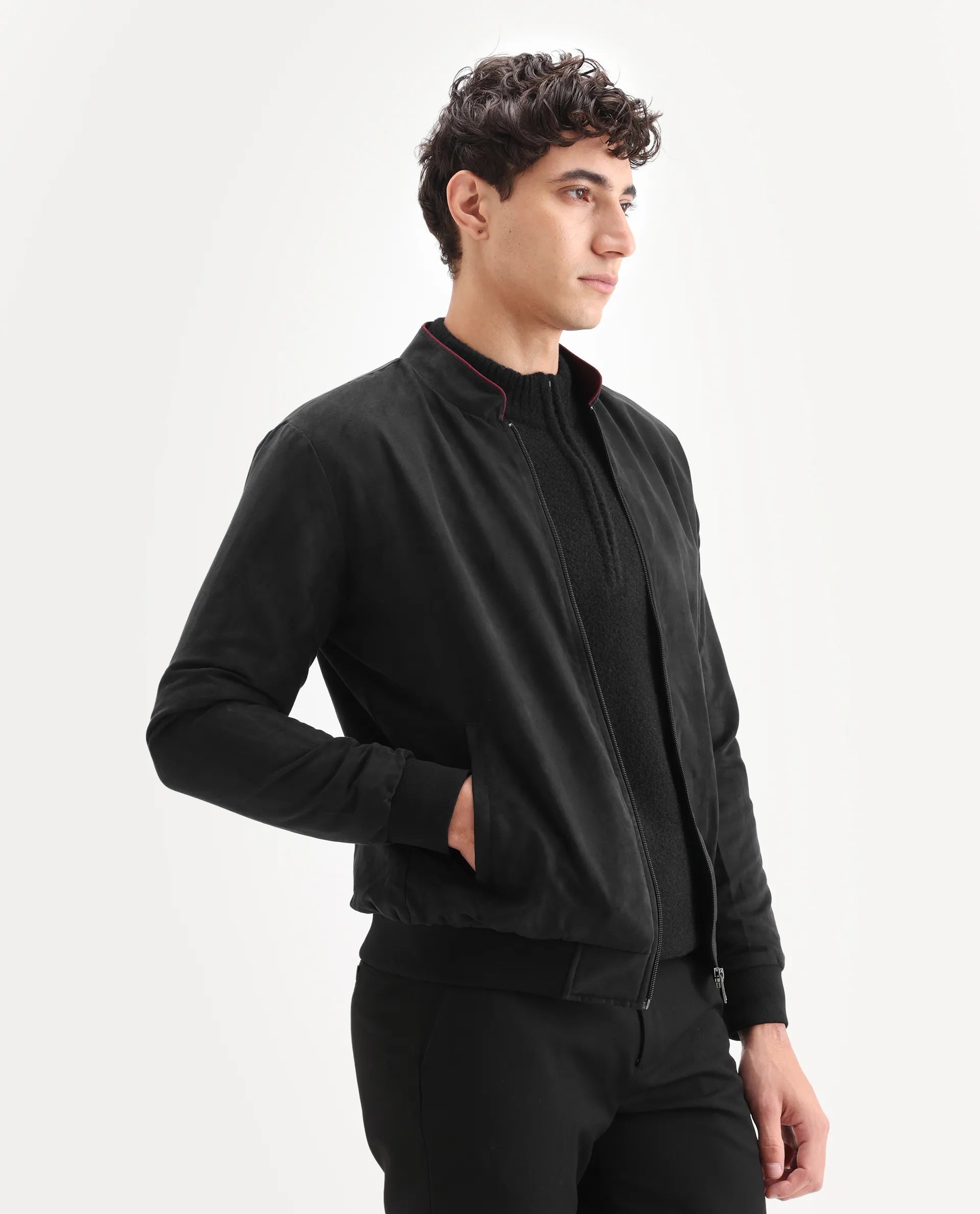 Rare Rabbit Men's Henron Black Suede Plain Regular Fit Full Sleeve Mandarin Collar Jacket