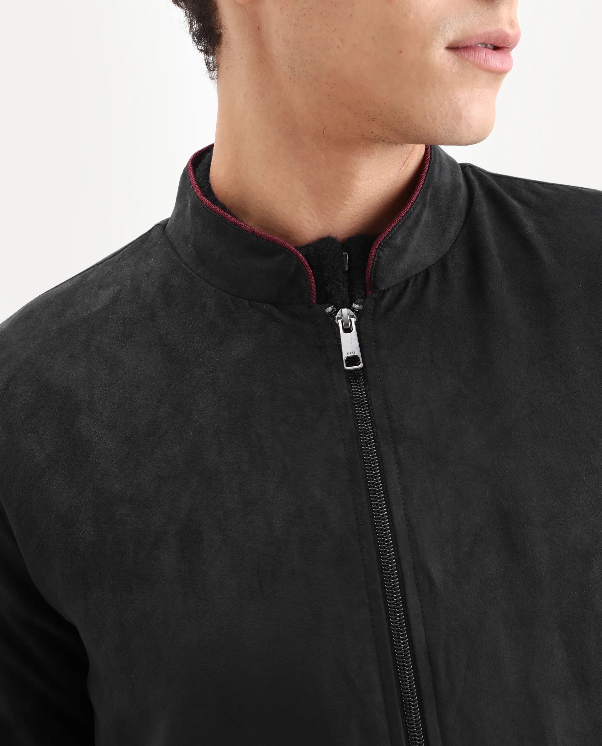 Rare Rabbit Men's Henron Black Suede Plain Regular Fit Full Sleeve Mandarin Collar Jacket