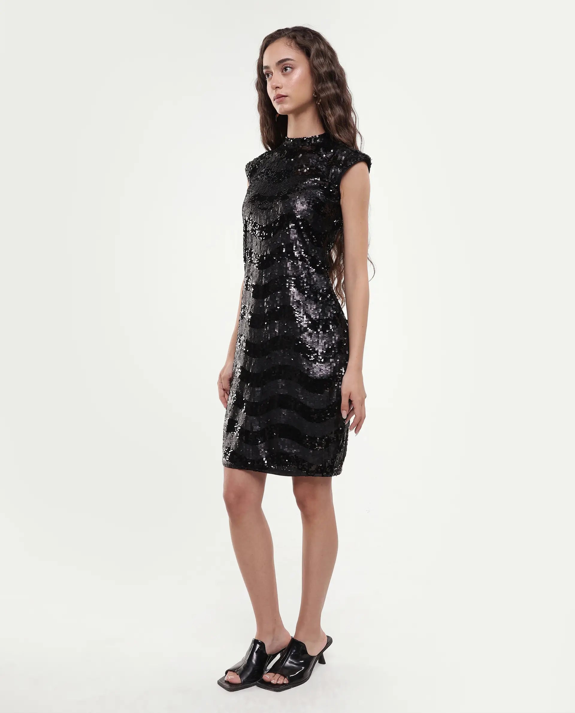 Rareism Women's Alzo Sheen Black Polyester High Neck Sequined Sleeveless Knee Length Regular Fit Dress