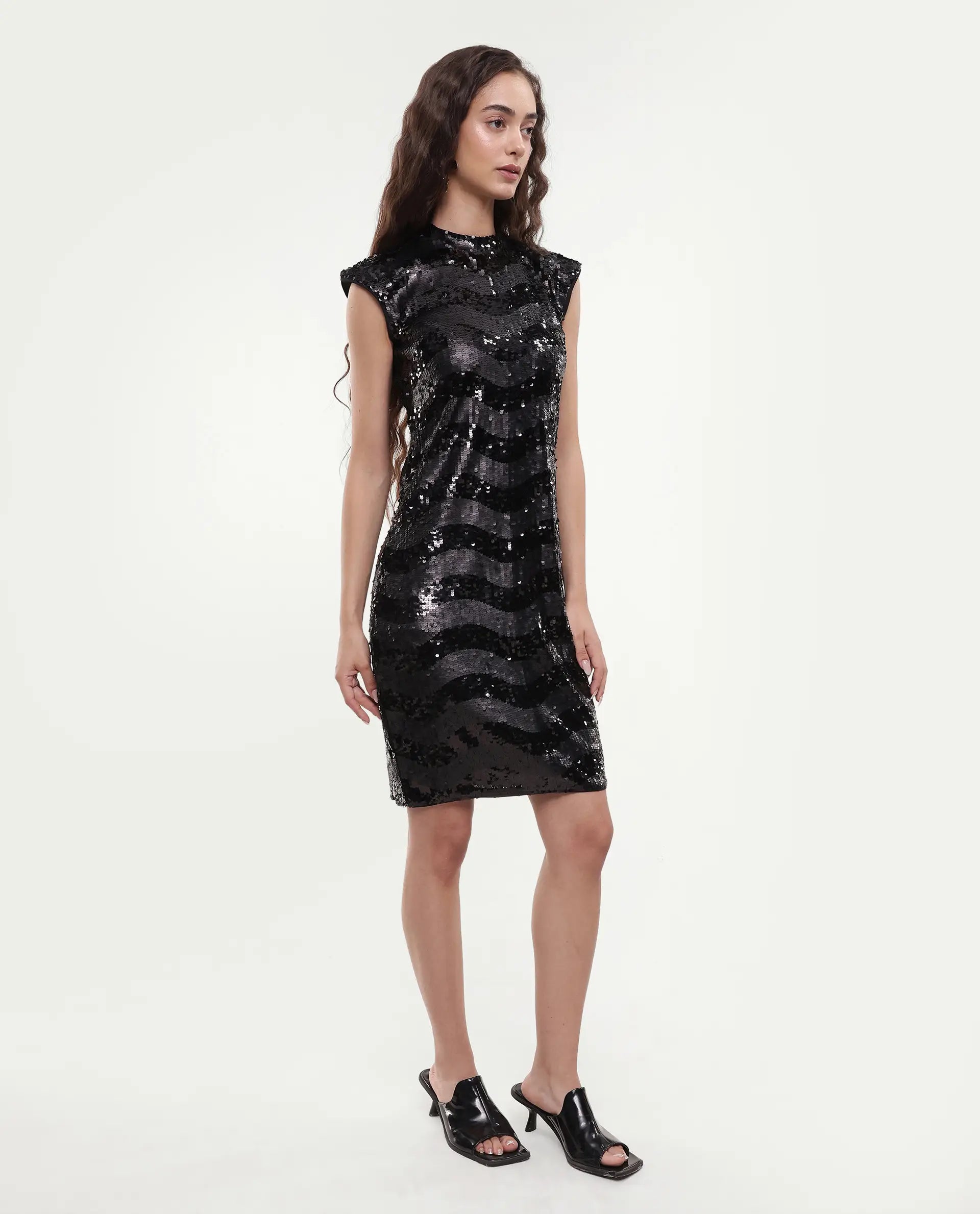 Rareism Women's Alzo Sheen Black Polyester High Neck Sequined Sleeveless Knee Length Regular Fit Dress