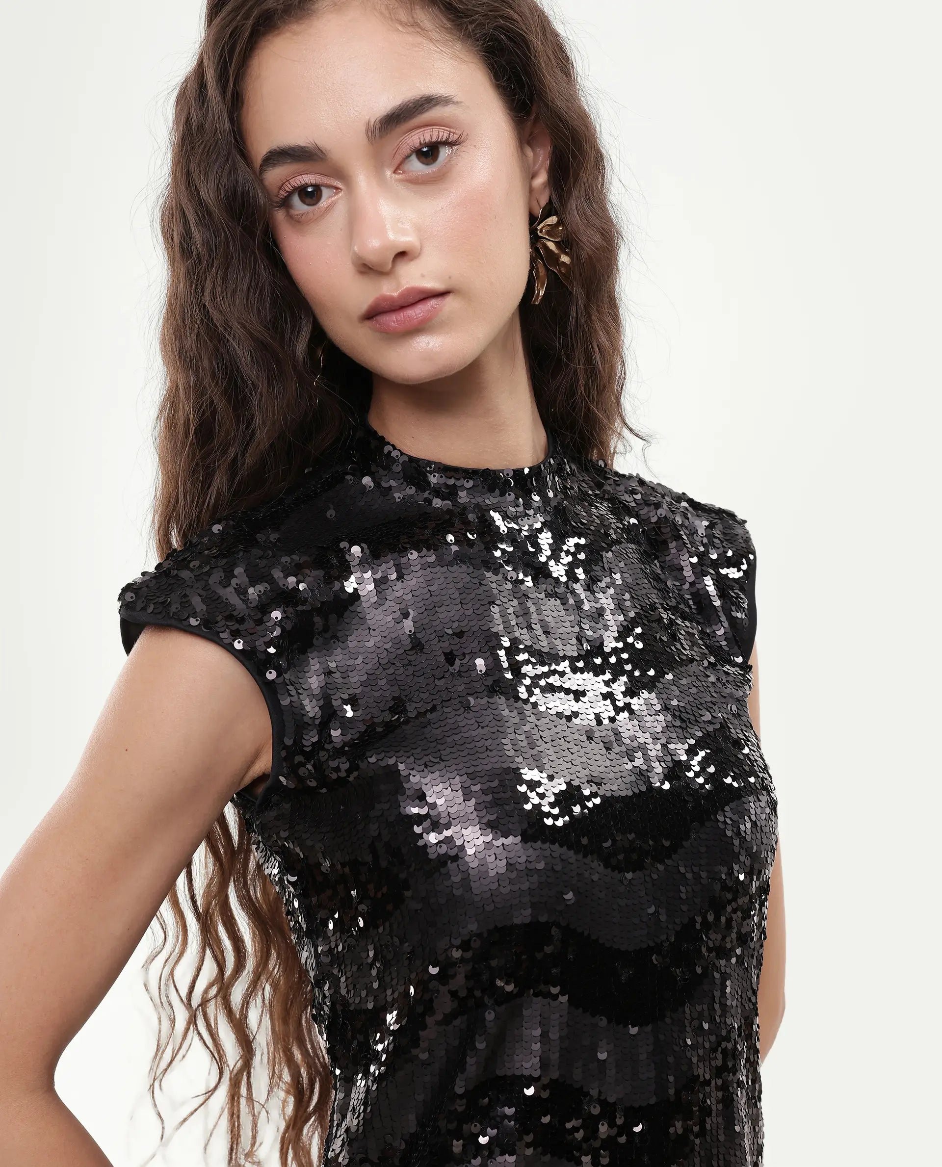 Rareism Women's Alzo Sheen Black Polyester High Neck Sequined Sleeveless Knee Length Regular Fit Dress