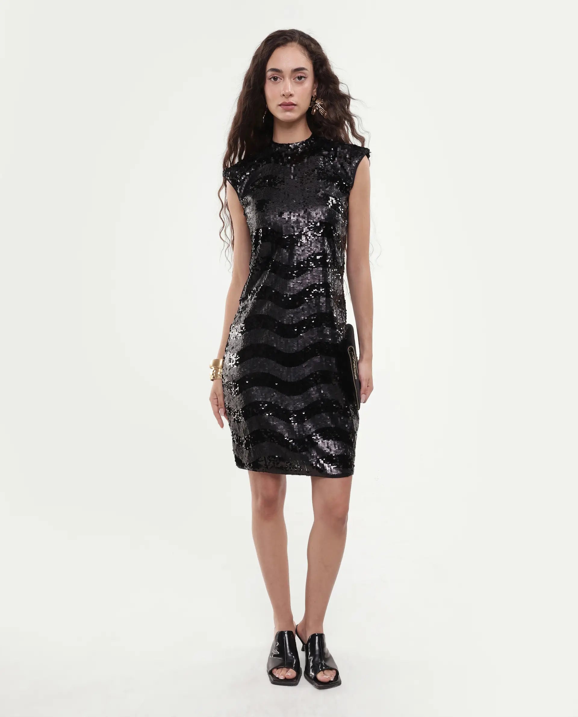 Rareism Women's Alzo Sheen Black Polyester High Neck Sequined Sleeveless Knee Length Regular Fit Dress