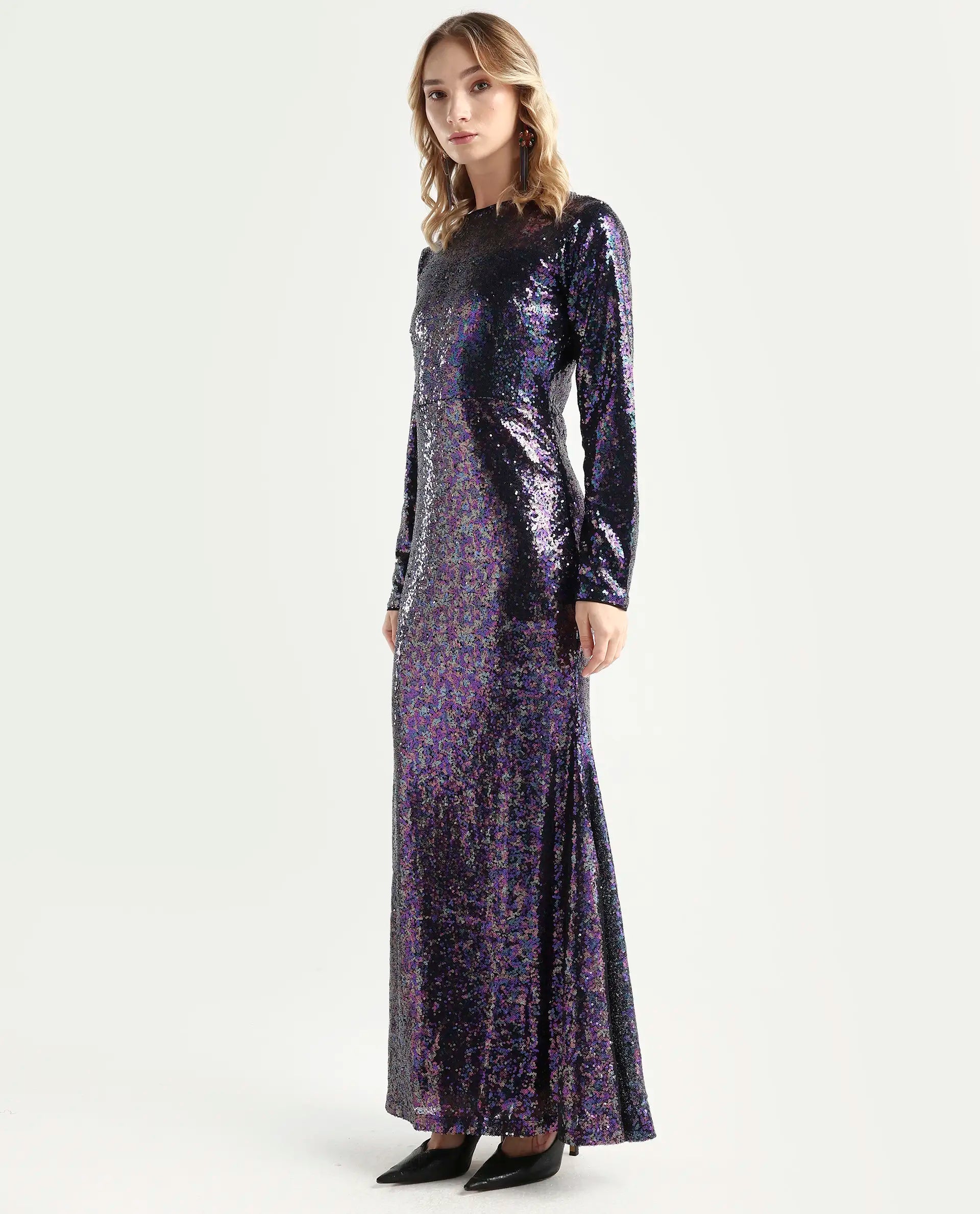 Rareism Women's Caltese Sheen Blue Polyester Boat Neck Sequined Maxi Regular Fit Dress