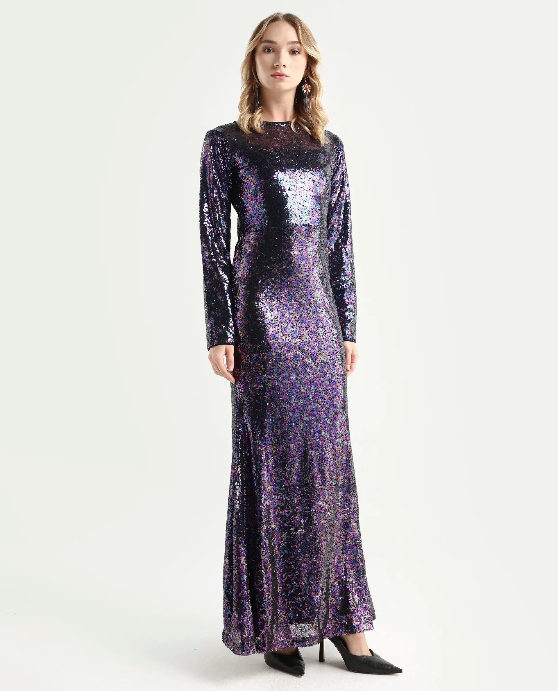 Rareism Women's Caltese Sheen Blue Polyester Boat Neck Sequined Maxi Regular Fit Dress