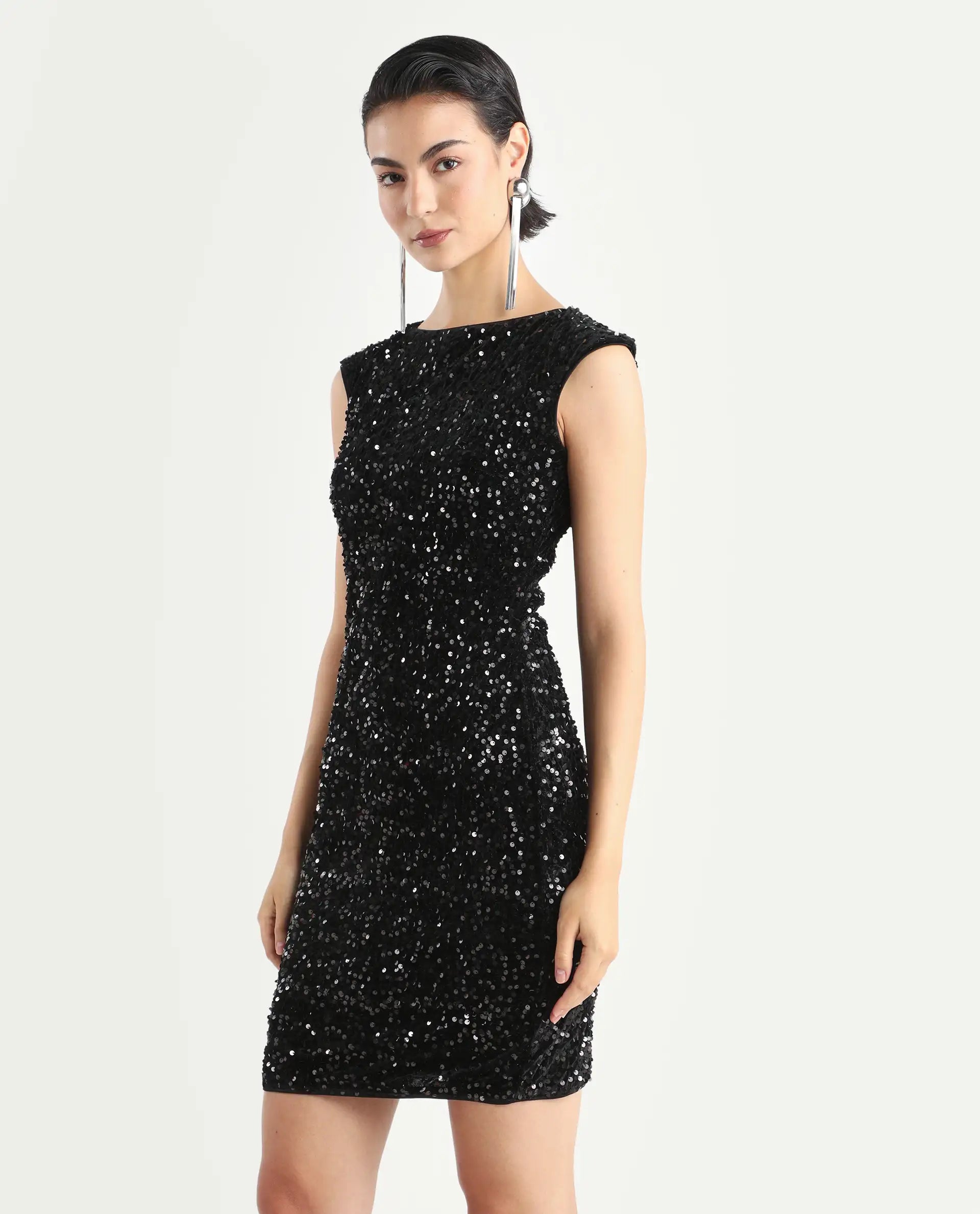 Buy Mulan - Sheen Black Sequined Mini Dress| Rareism Buy Mulan - Sheen Black Sequined Mini Dress| Rareism