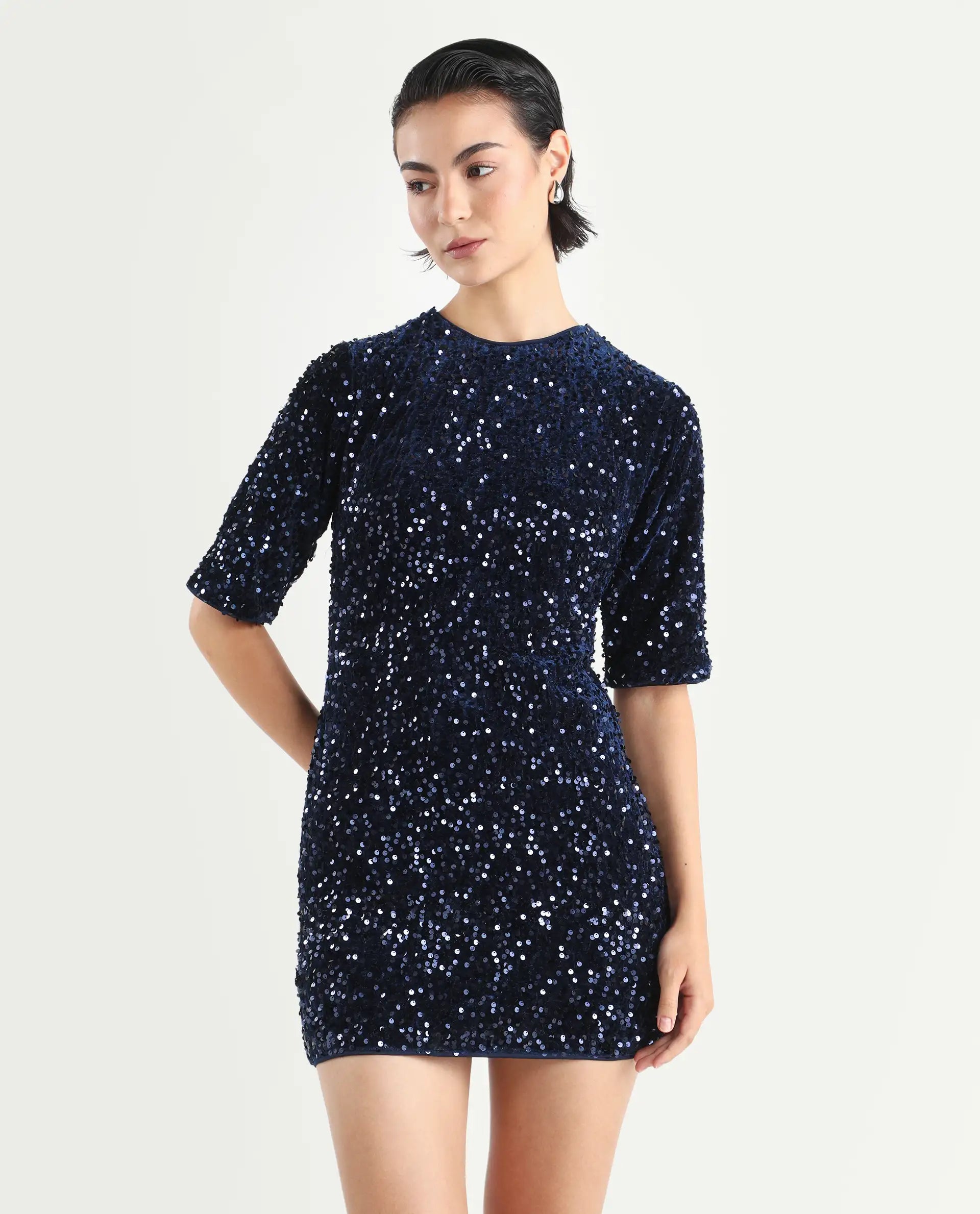 Rareism Women's Tiana Sheen Blue Polyester Crew Neck Sequined Mini A-Line Dress