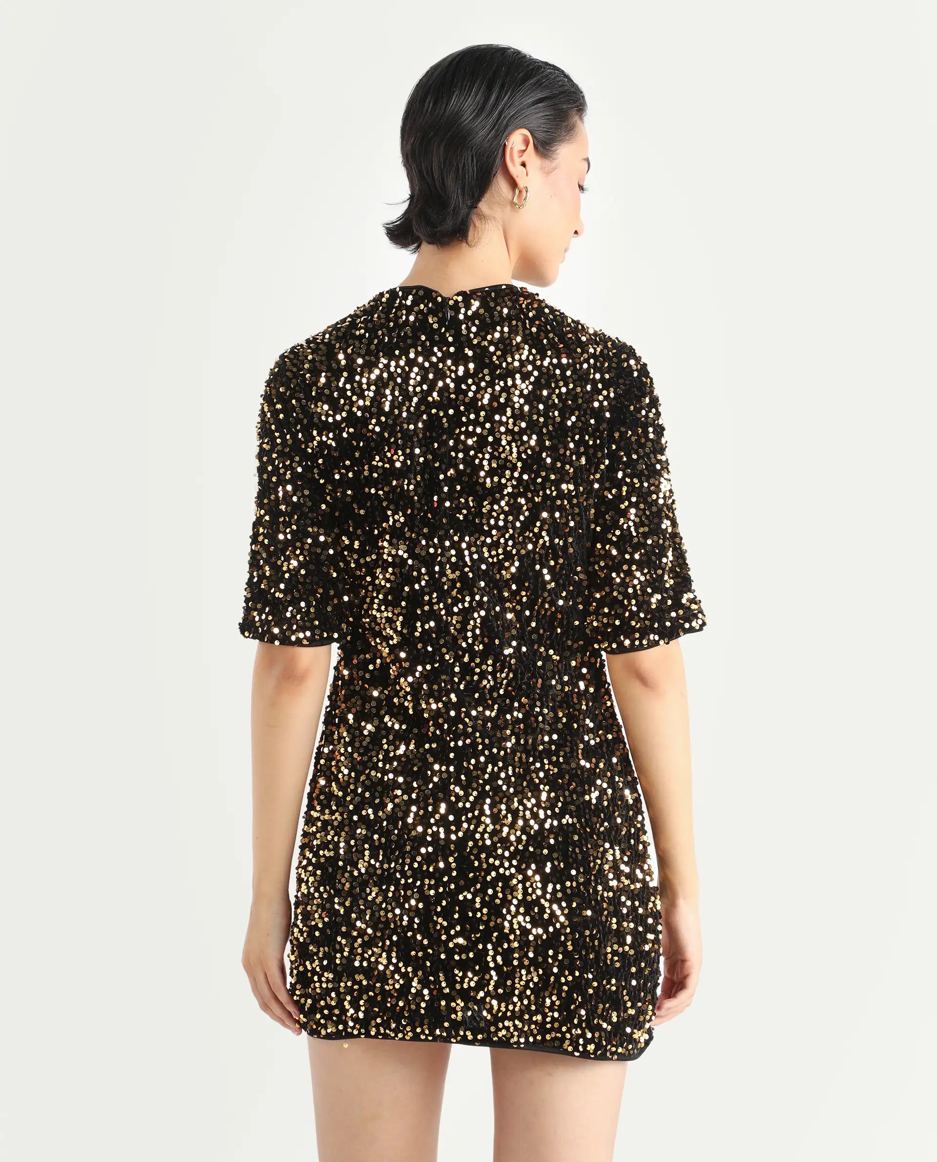 Rareism Women's Tiana Sheen Gold Polyester Crew Neck Sequined Mini A-Line Dress