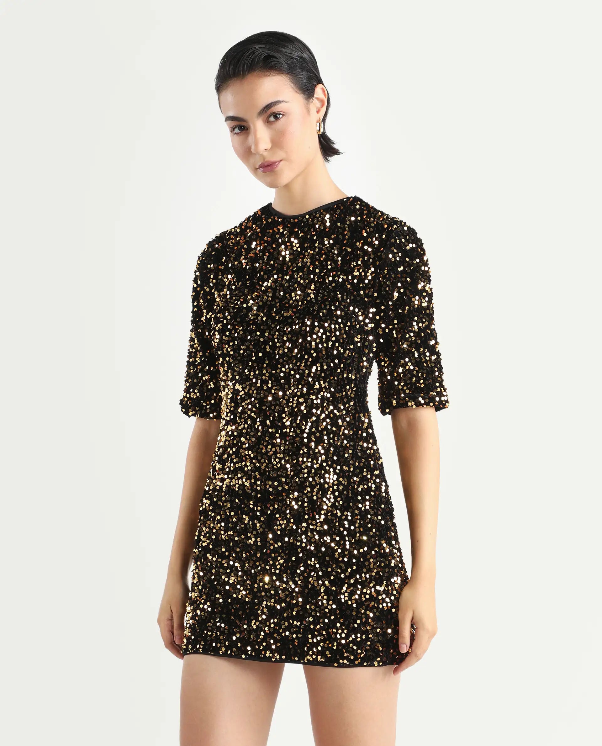 Rareism Women's Tiana Sheen Gold Polyester Crew Neck Sequined Mini A-Line Dress