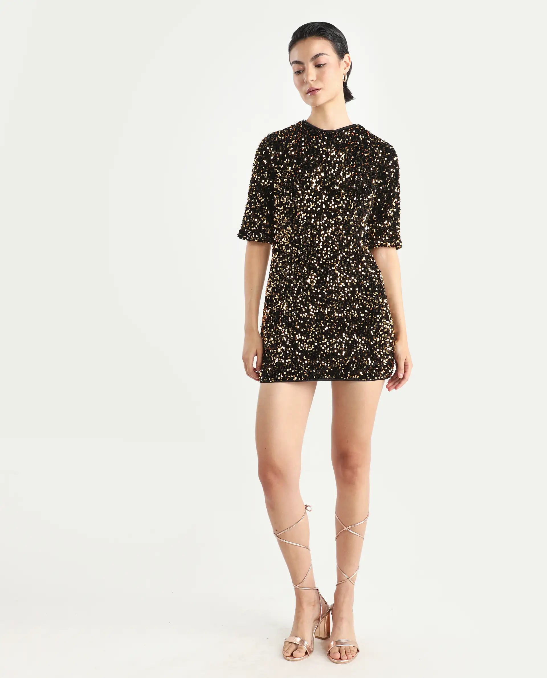 Rareism Women's Tiana Sheen Gold Polyester Crew Neck Sequined Mini A-Line Dress