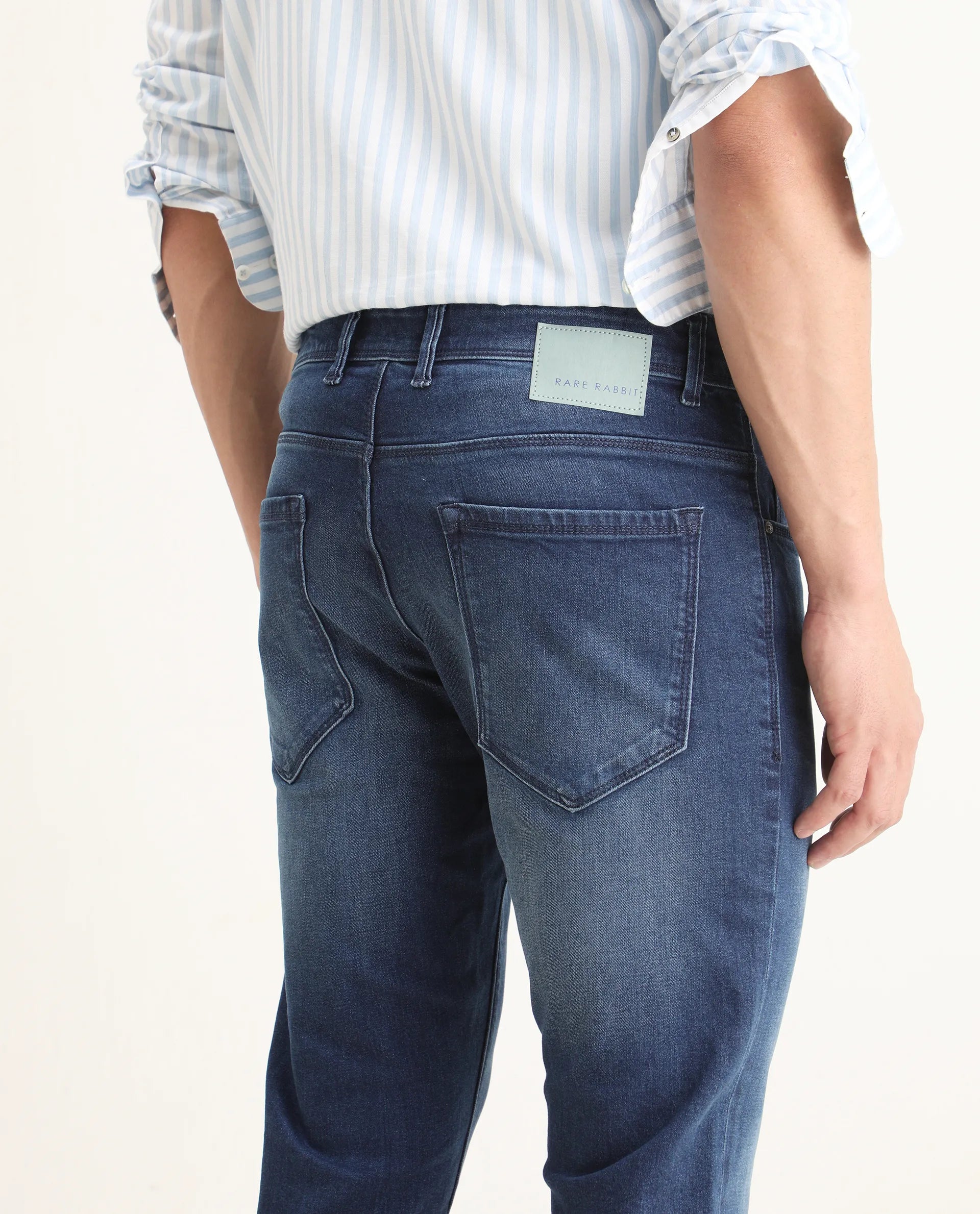 Rare Rabbit Men's Night Dusky Blue Cotton Plain Hawk Slim Fit Jeans