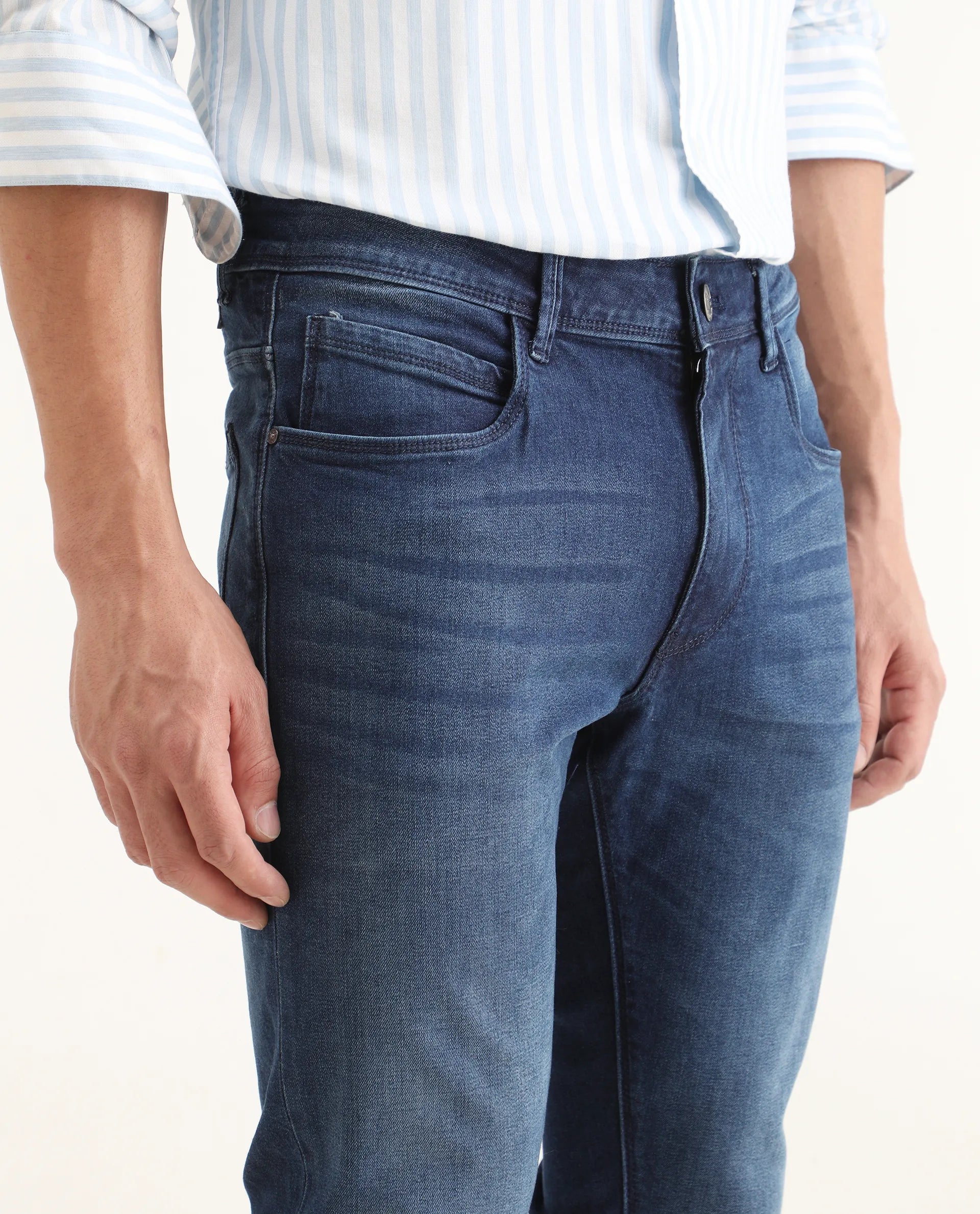 Rare Rabbit Men's Night Dusky Blue Cotton Plain Hawk Slim Fit Jeans