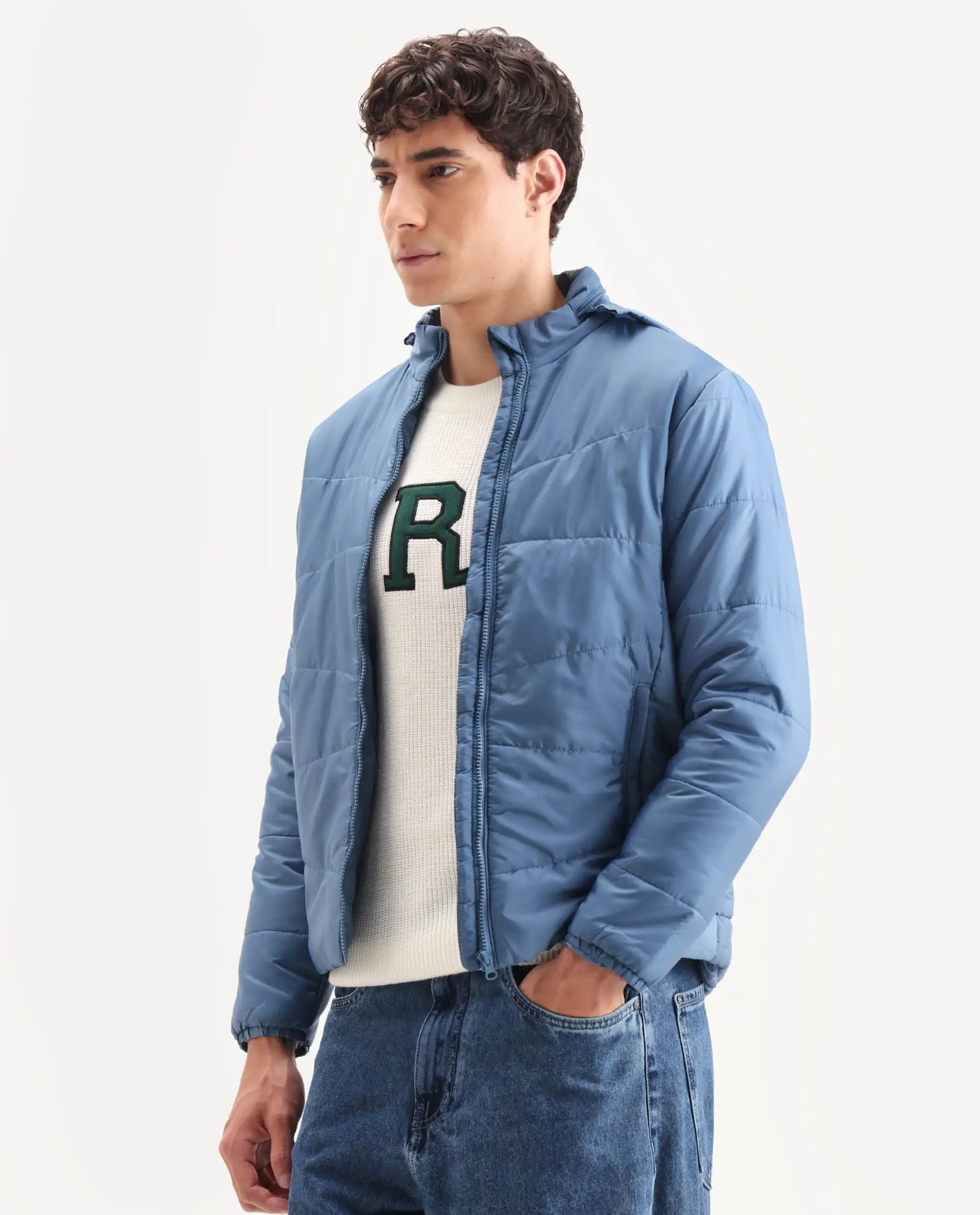 Rare Rabbit Men's Parco Dark Blue Nylon Plain Regular Fit Full Sleeve Hooded Jacket