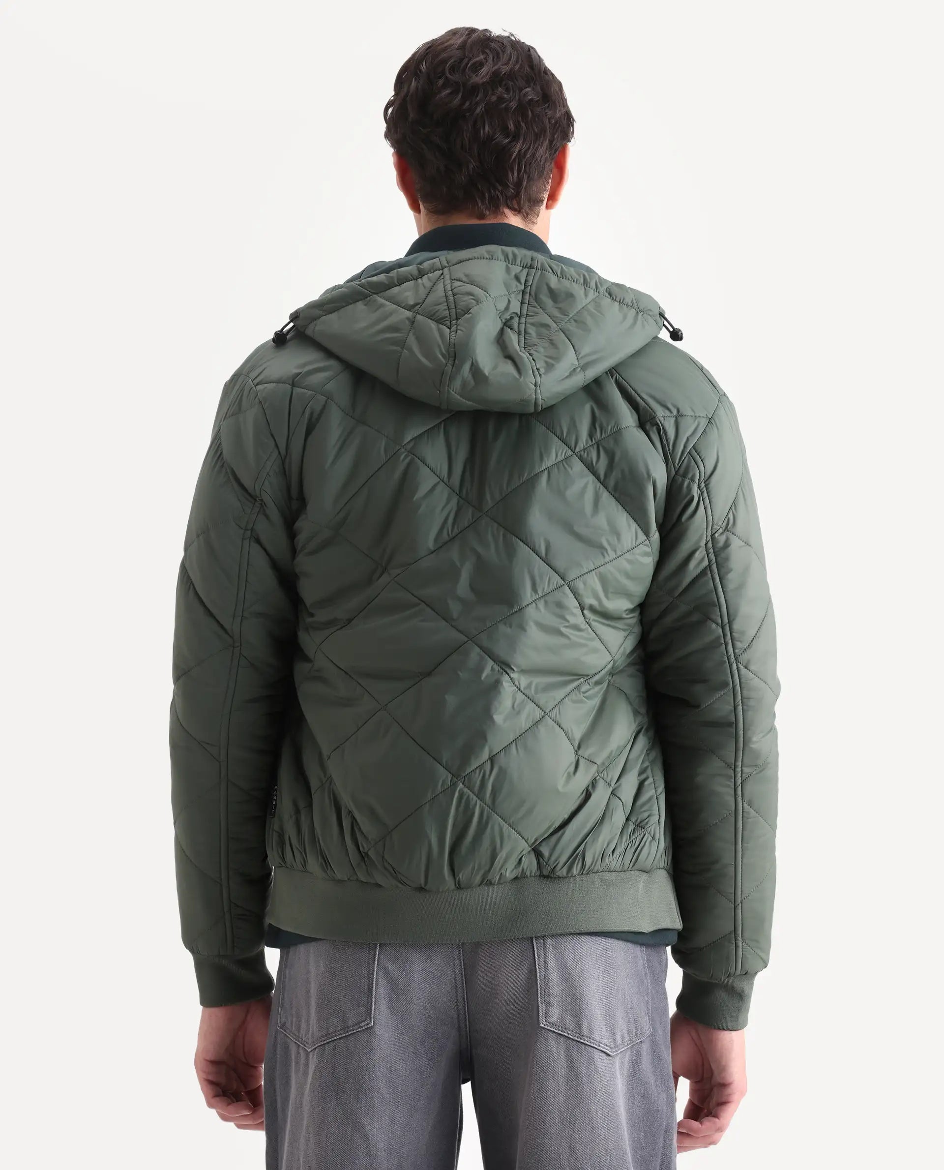 Rare Rabbit Men's Parco Dark Green Nylon Plain Regular Fit Full Sleeve Hooded Jacket