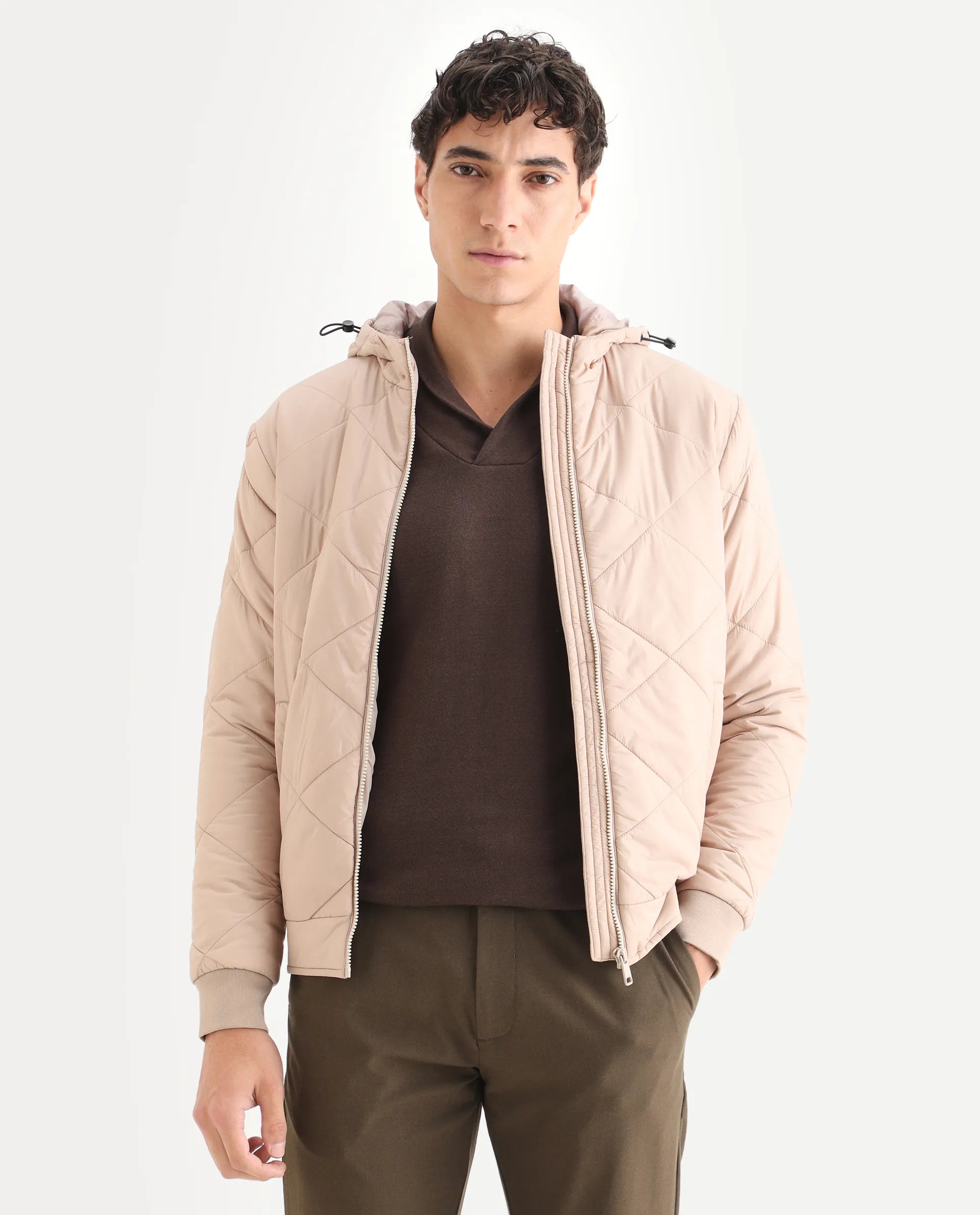 Rare Rabbit Men's Parco Dark Beige Nylon Plain Regular Fit Full Sleeve Hooded Jacket