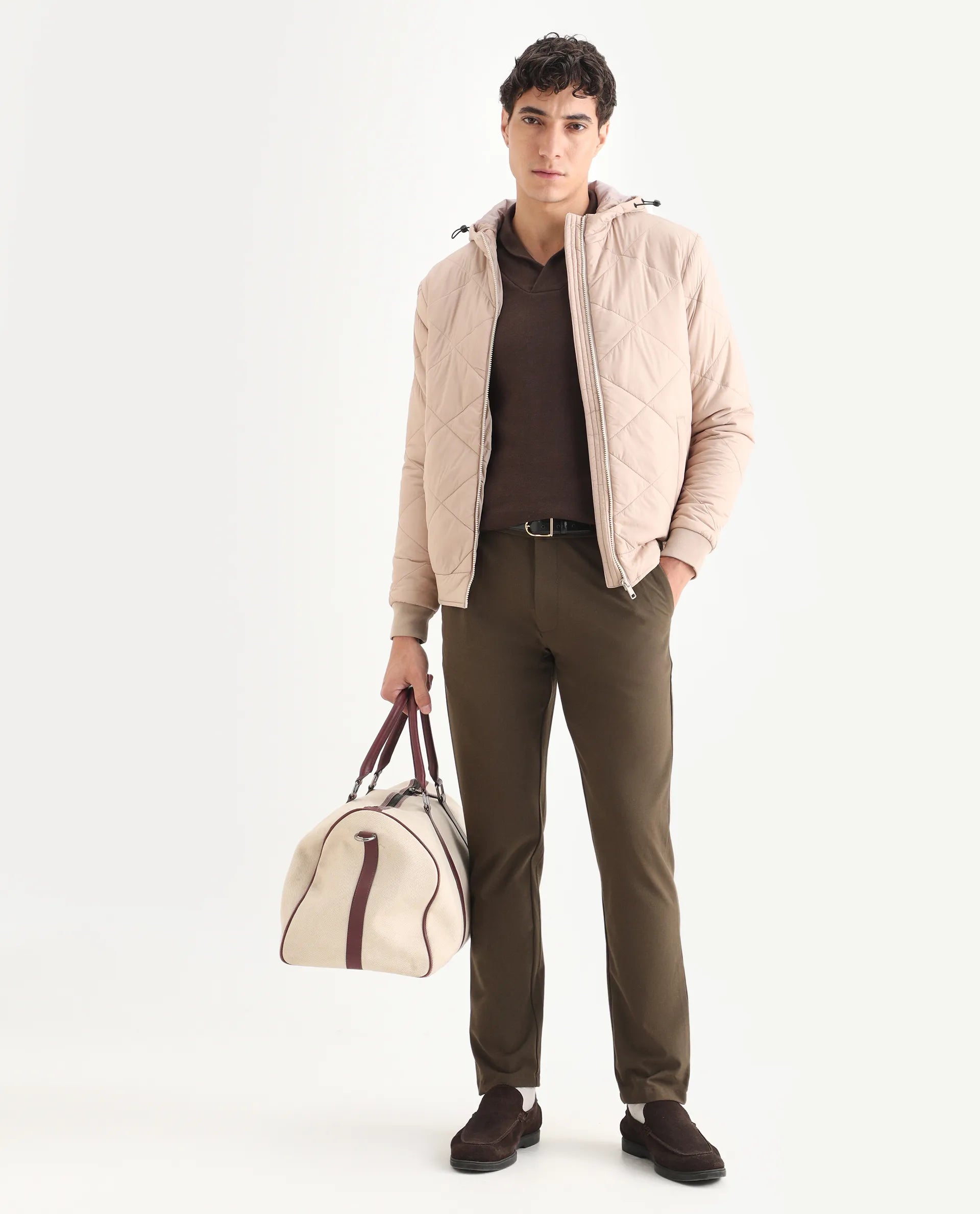 Rare Rabbit Men's Parco Dark Beige Nylon Plain Regular Fit Full Sleeve Hooded Jacket
