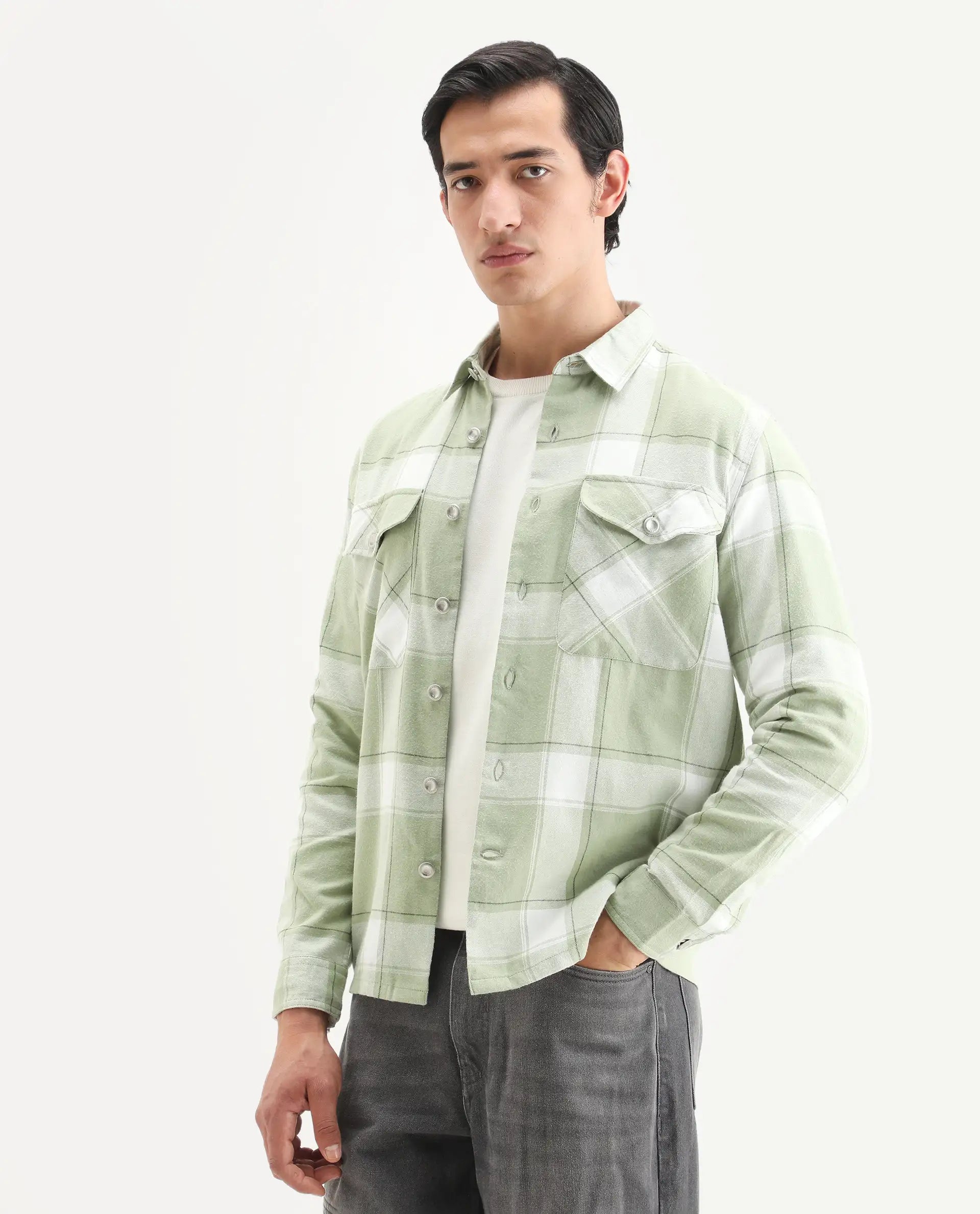 Rare Rabbit Men's Areo Pastel Green Cotton Checked Print Relaxed Fit Full Sleeve Collared Shacket