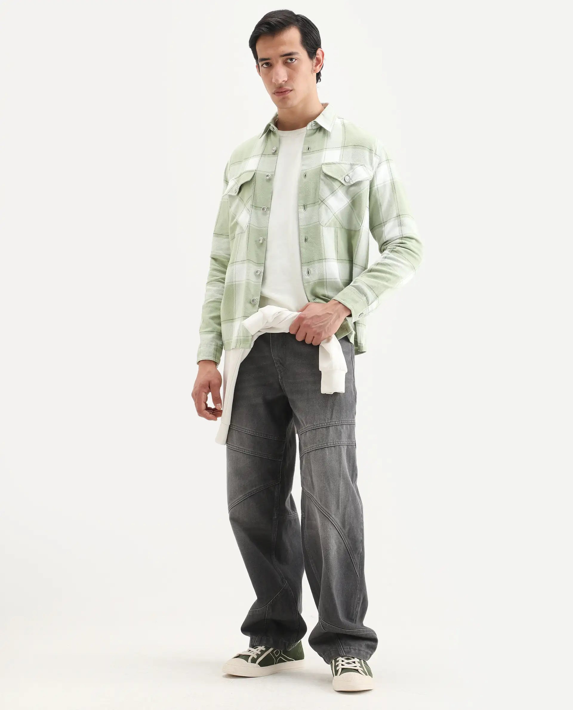 Rare Rabbit Men's Areo Pastel Green Cotton Checked Print Relaxed Fit Full Sleeve Collared Shacket