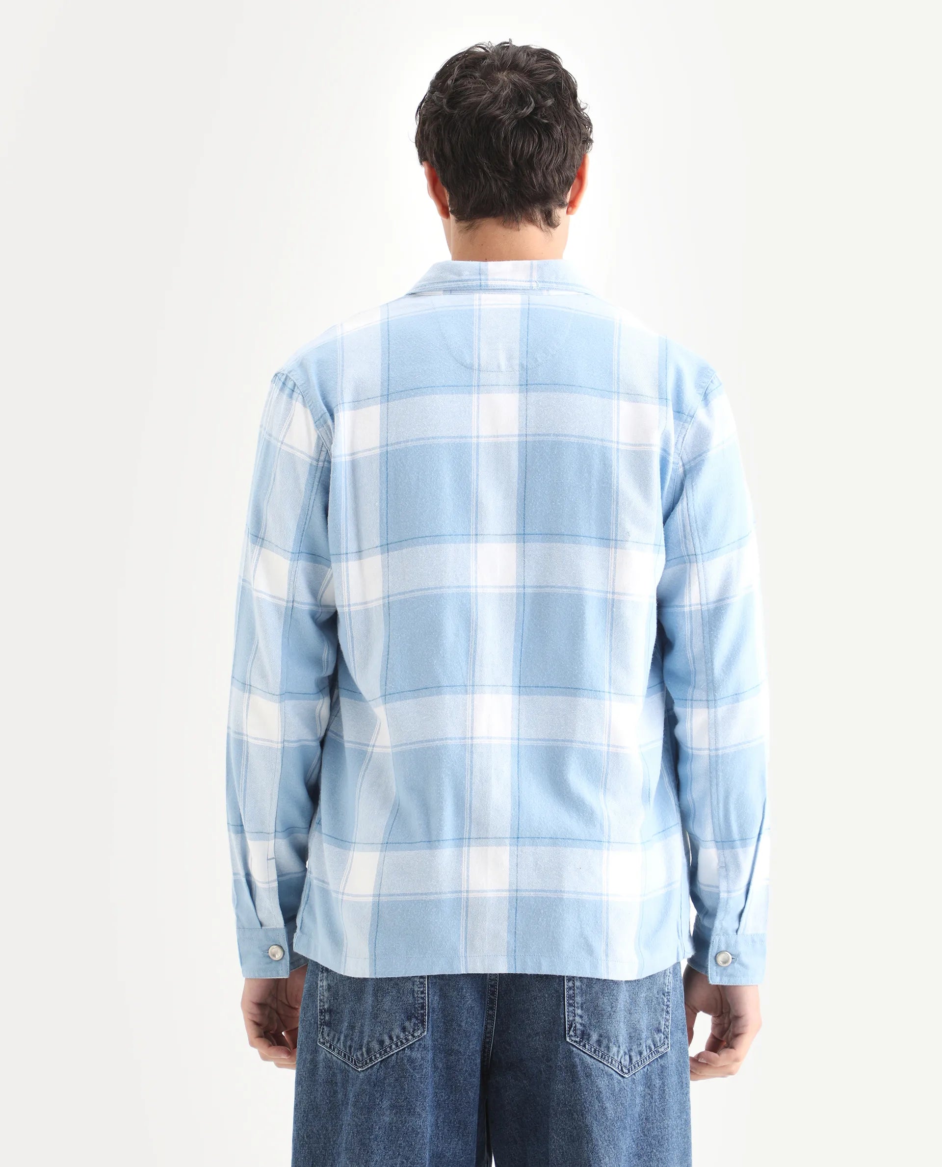 Rare Rabbit Men's Areo Pastel Blue Cotton Checked Print Relaxed Fit Full Sleeve Collared Shacket