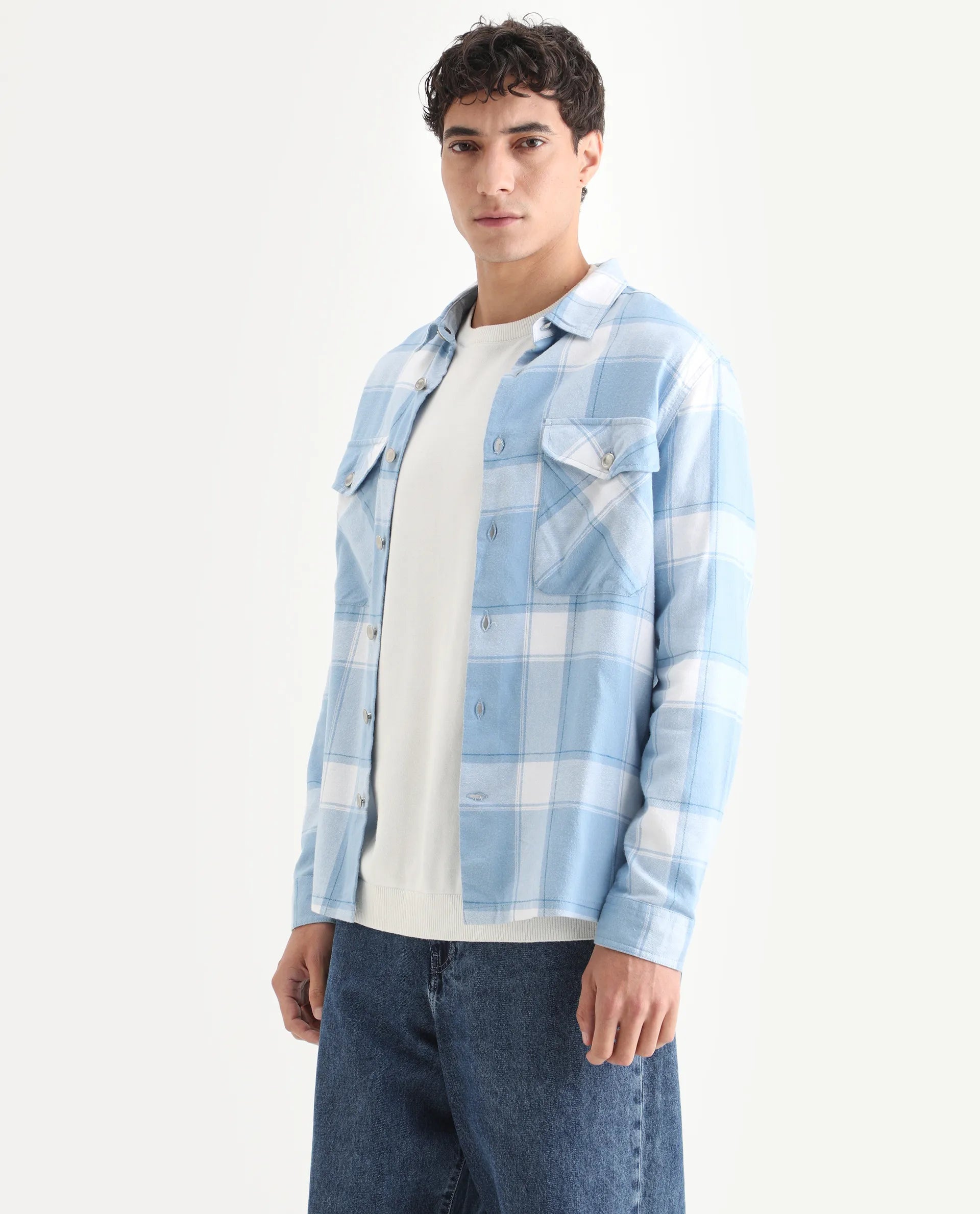 Rare Rabbit Men's Areo Pastel Blue Cotton Checked Print Relaxed Fit Full Sleeve Collared Shacket